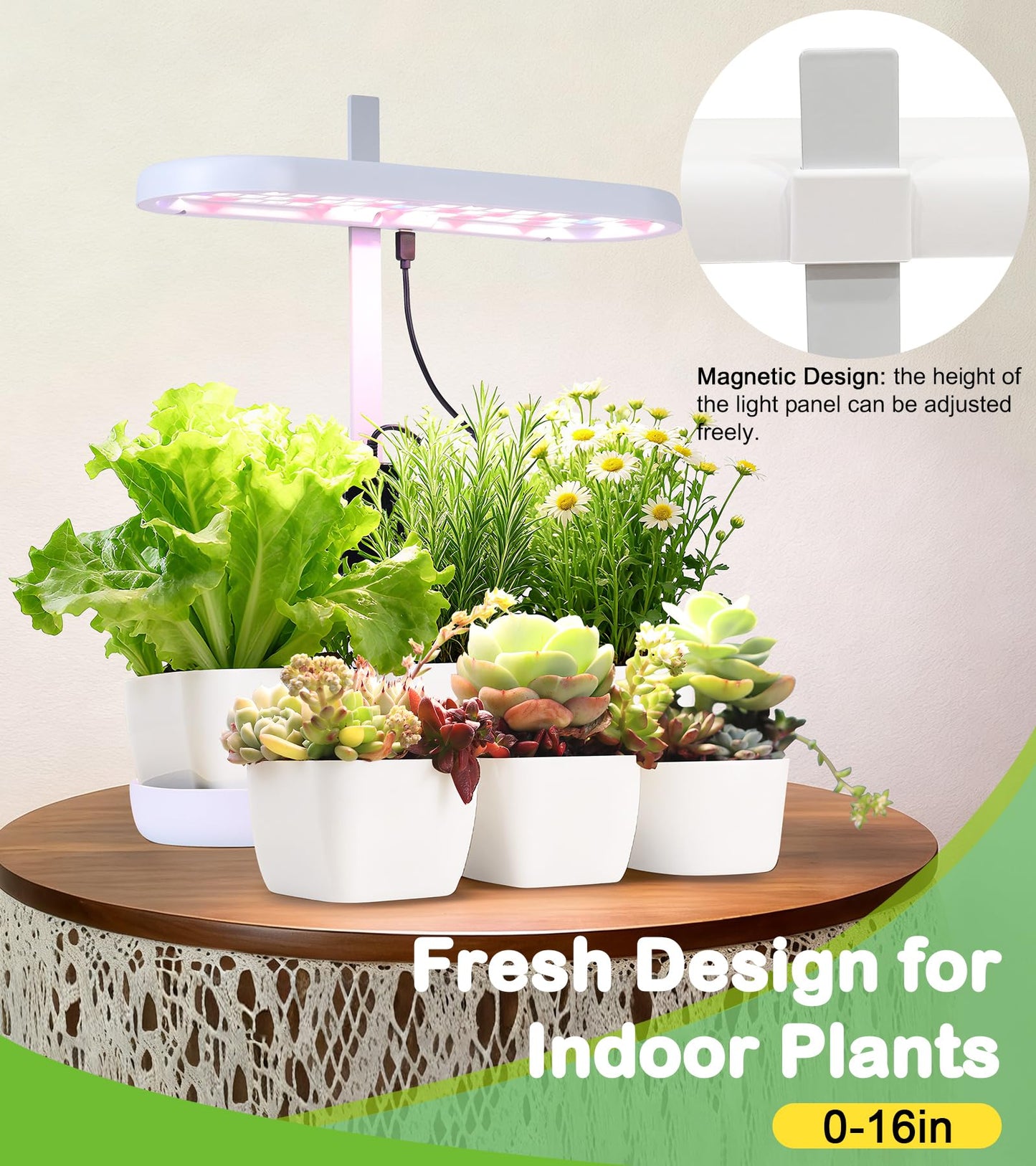 DRYADES Grow Lights for Indoor Plants, 20W Full Spectrum LED Grow Lamp for Indoor Garden with Intelligent Controller, Height Adjustable, Ideal for Home Desk Plant Lighting (White, ABS Base)