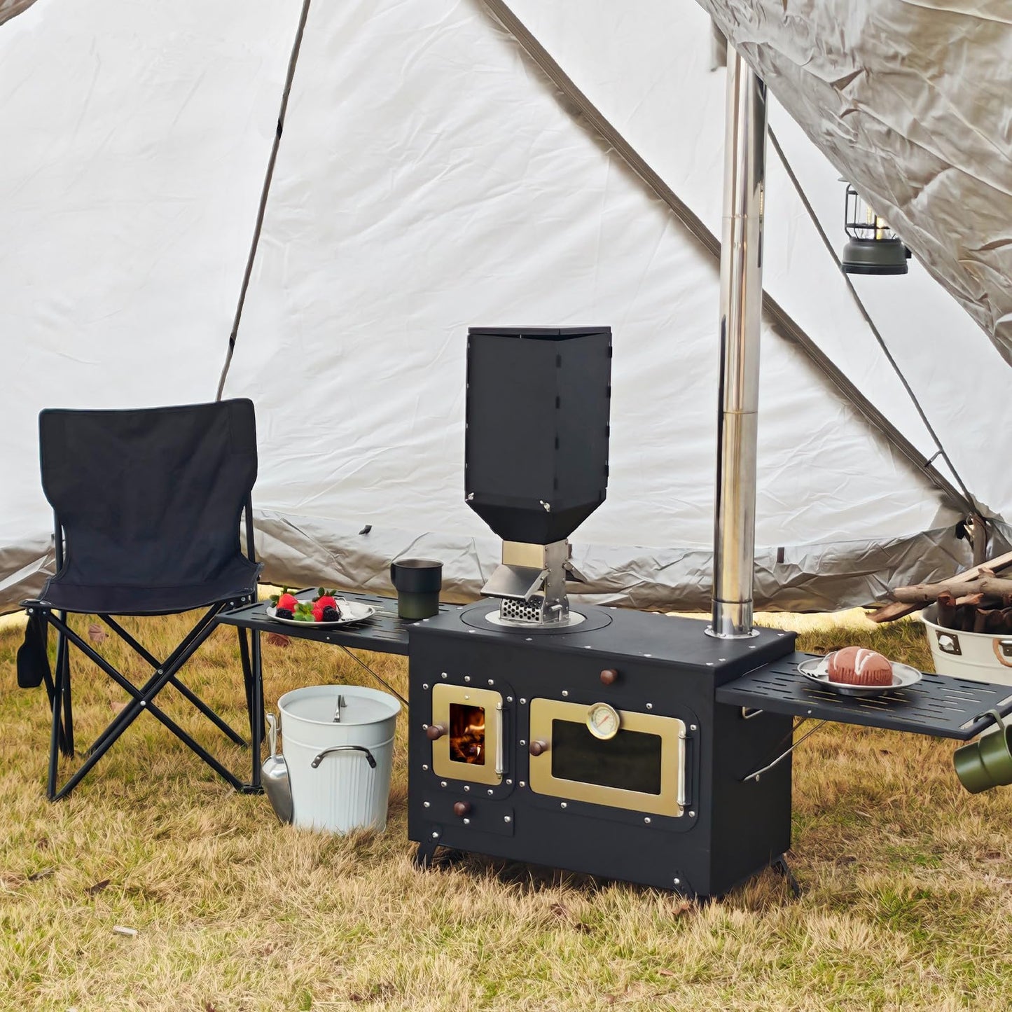 Large Outdoor Camping Cooking Stove with Oven Portable Hot Tent Stove with Pellet Bin Burner Chimney