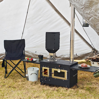 Large Outdoor Camping Cooking Stove with Oven Portable Hot Tent Stove with Pellet Bin Burner Chimney