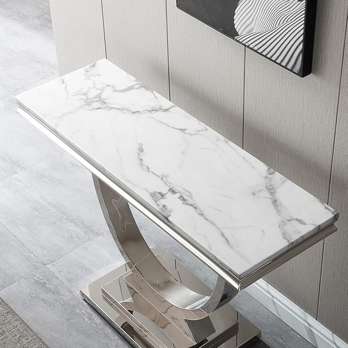Henf 47" Marble Console Table Modern White Faux Marble Entryway Table
