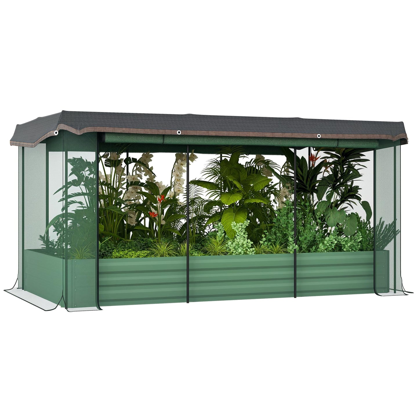 Outsunny 7.3 x 3.4 x 1 ft Galvanized Raised Garden Bed with Crop Cage Plant Protection Net and Shade Cloth Roof, Metal Planter Box with Cover for Vegetables, Flowers, Herbs, Green