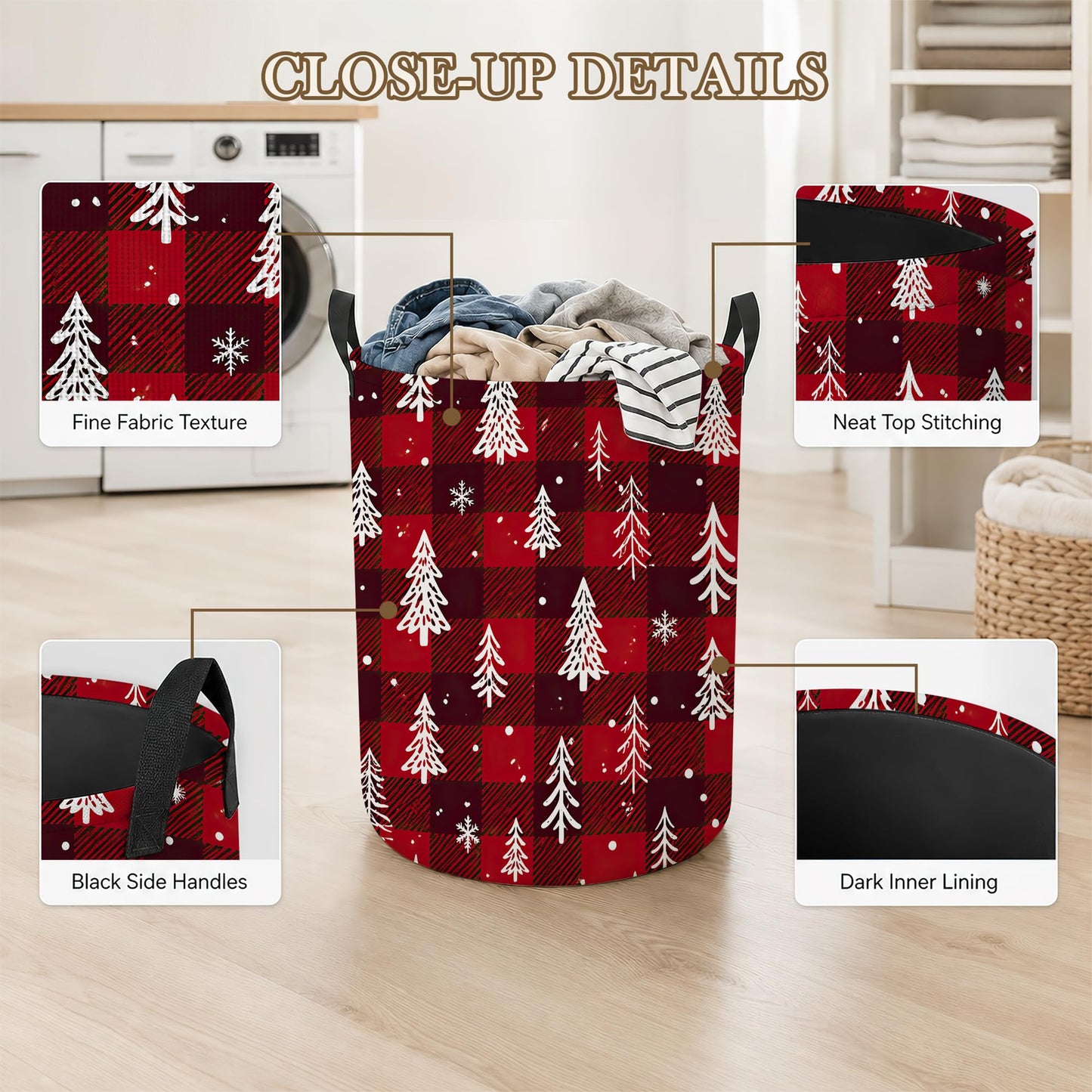 Christmas Tree Laundry Basket, Foldable Oxford Cloth Snowflake Plaid Laundry Hamper with Handles, Tote Bag Clothes Storage Bucket for Laundry Room/Bathroom/Bedroom/Dormitories 20.8"x16"