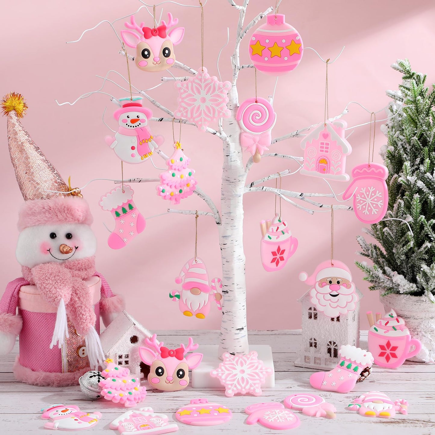 Lunmon 24 Pcs Pink Christmas Ornaments PVC Pastel Ornaments for Christmas Tree Santa Claus Gingerbread House Gnomes Xmas Baubles Winter Decorations for Xmas Tree Party Holiday Decor