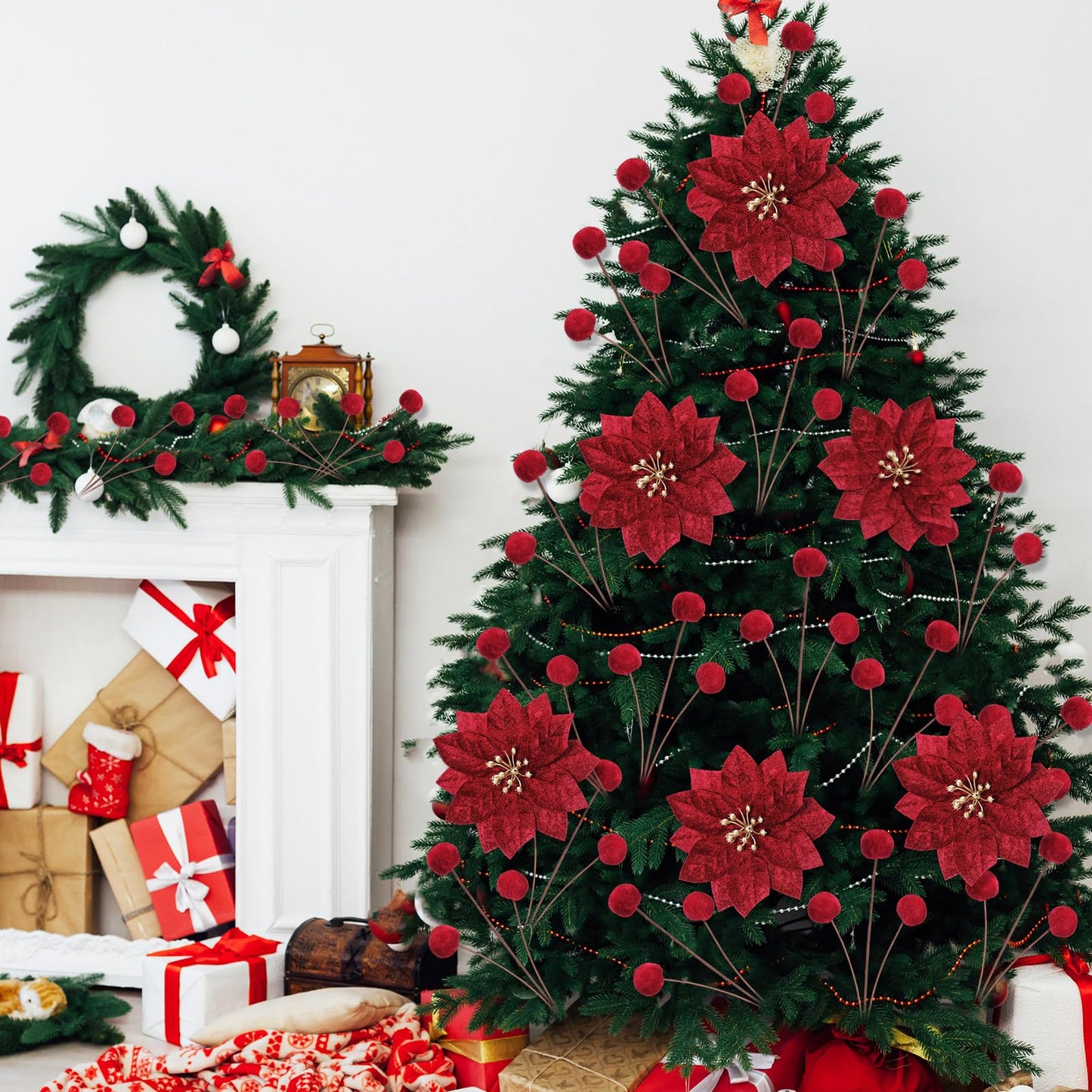 Hungdao 18 Pcs Velvet Christmas Tree Ornament Set Artificial Christmas Poinsettia Flower with Clips and Tree Picks Neutra Holiday Ornaments for Xmas Wreath Fireplace Stairs Decor(Burgundy)