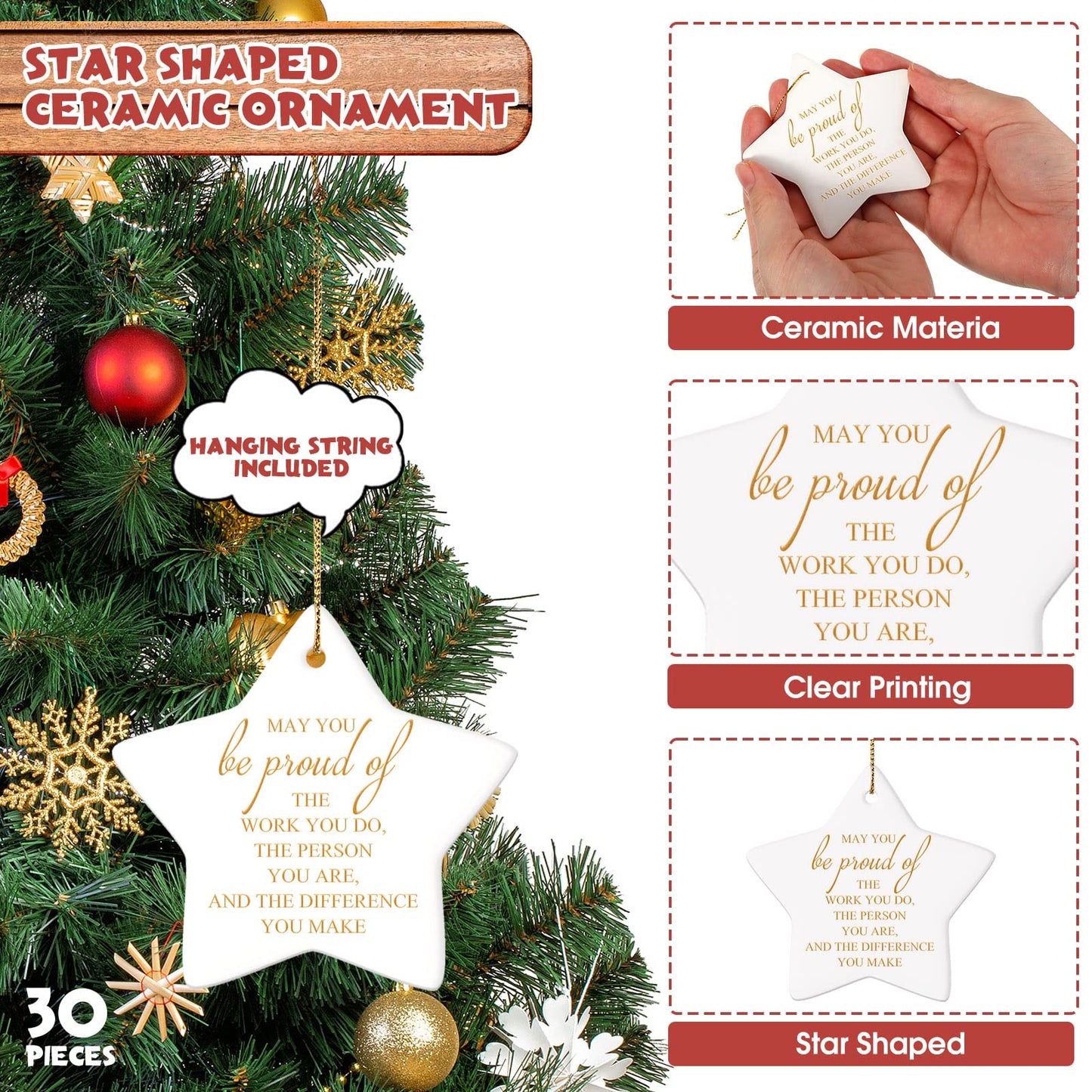 Sieral 30 Pieces Christmas Appreciation Gift for Employee Women Star Shaped Ornaments Thanksgiving Ceramics Hanging Plaque Keepsake Christmas Tree Ornaments for Customer Service Vet Tech Week Nurse