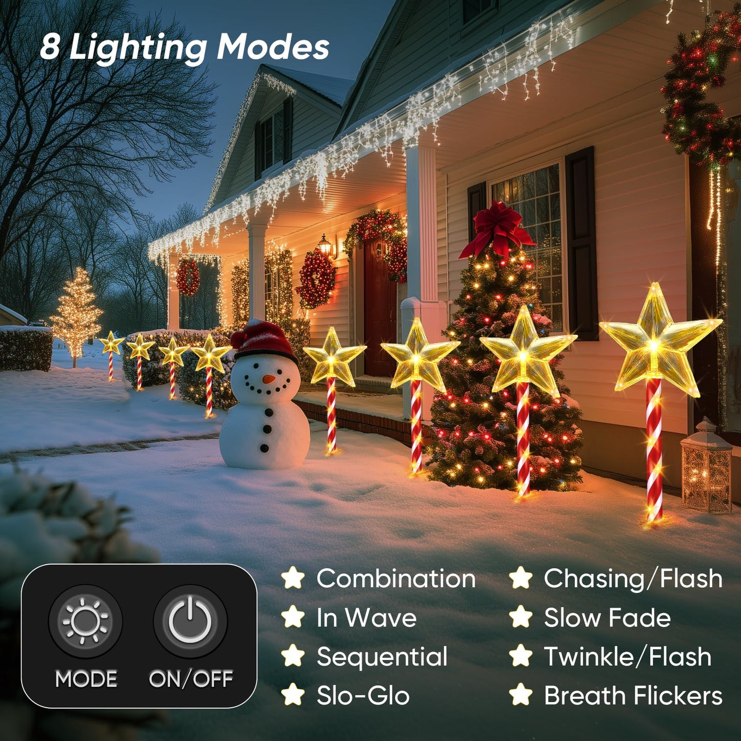 Solar Christmas Lights Outdoor Waterproof: 8 Pack Star Solar Christmas Decorations Outdoor with 8 Modes, Solar Candy Cane Pathway Lights Outside for Yard Walkway Driveway Xmas Decor - Warm White