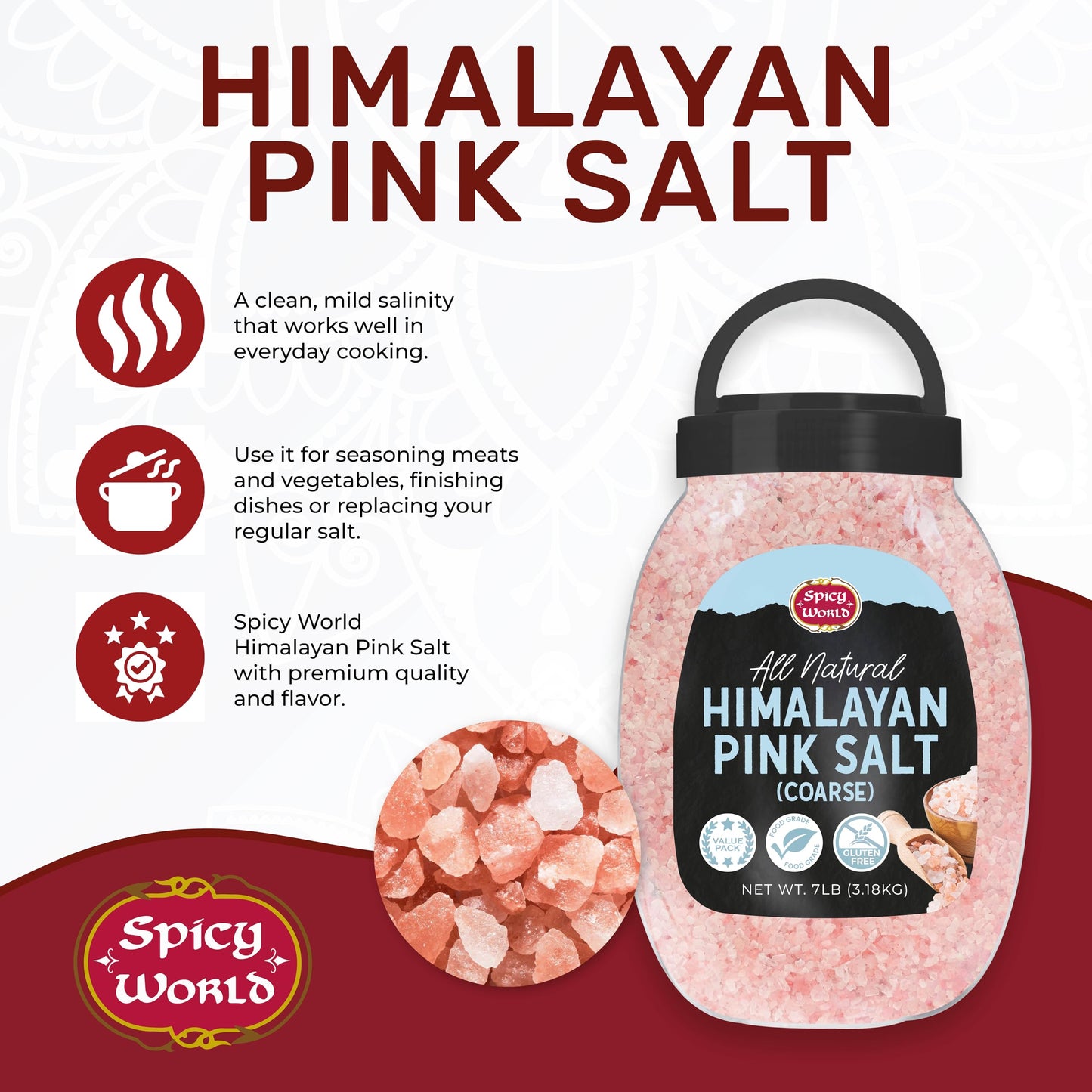 Himalayan Pink Salt Coarse Grain 7LB Jar - Pure & Natural | Mineral-Rich | Ideal for Grinder Refills, Cooking & Seasoning - By Spicy World