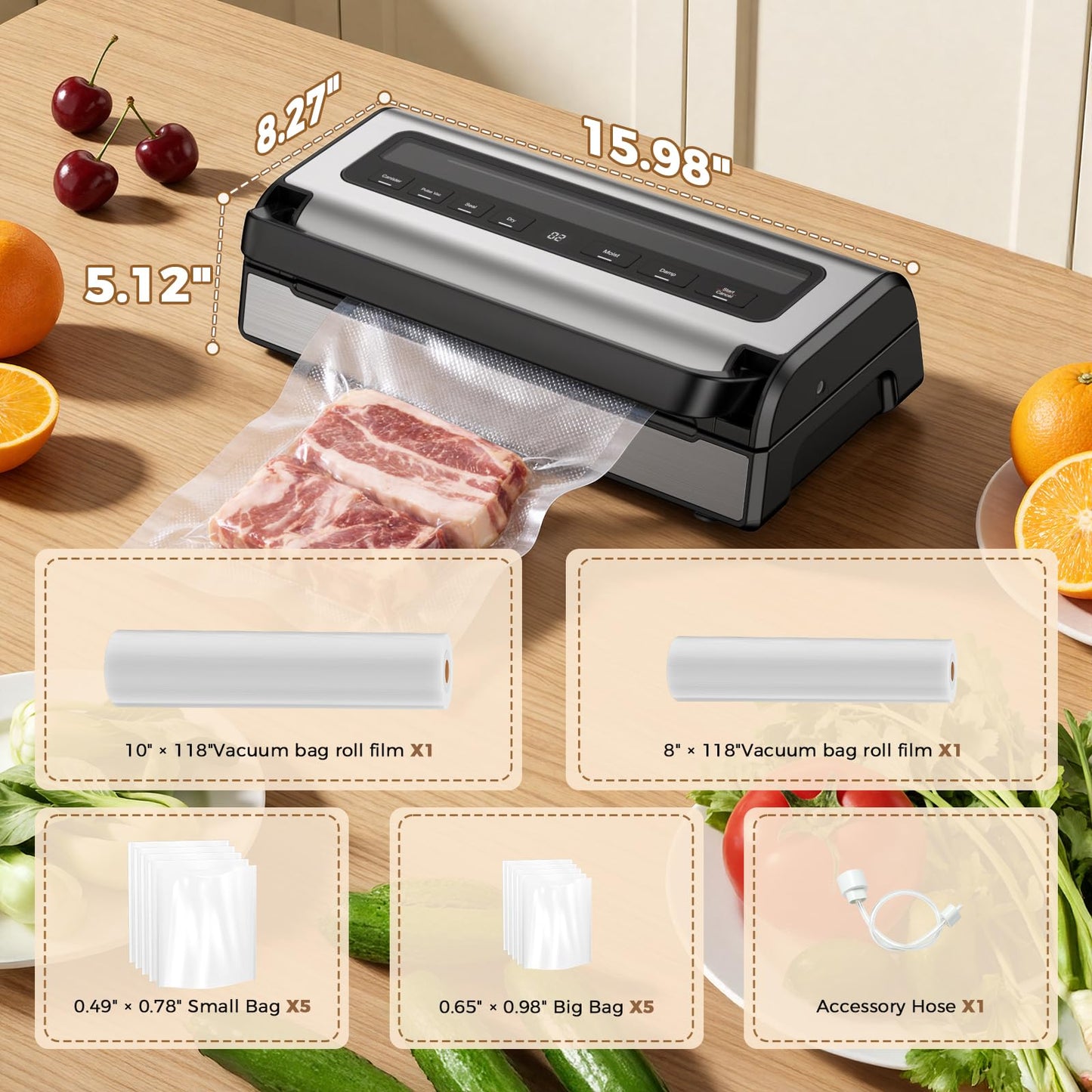 Vacuum Sealer Machine for Food, Multifunctional Automatic Food Saver for Dry, Moist & Canister Sealing, Built-in Cutter & Bag Storage | Complete Kit with 2 Rolls & 10 Bags