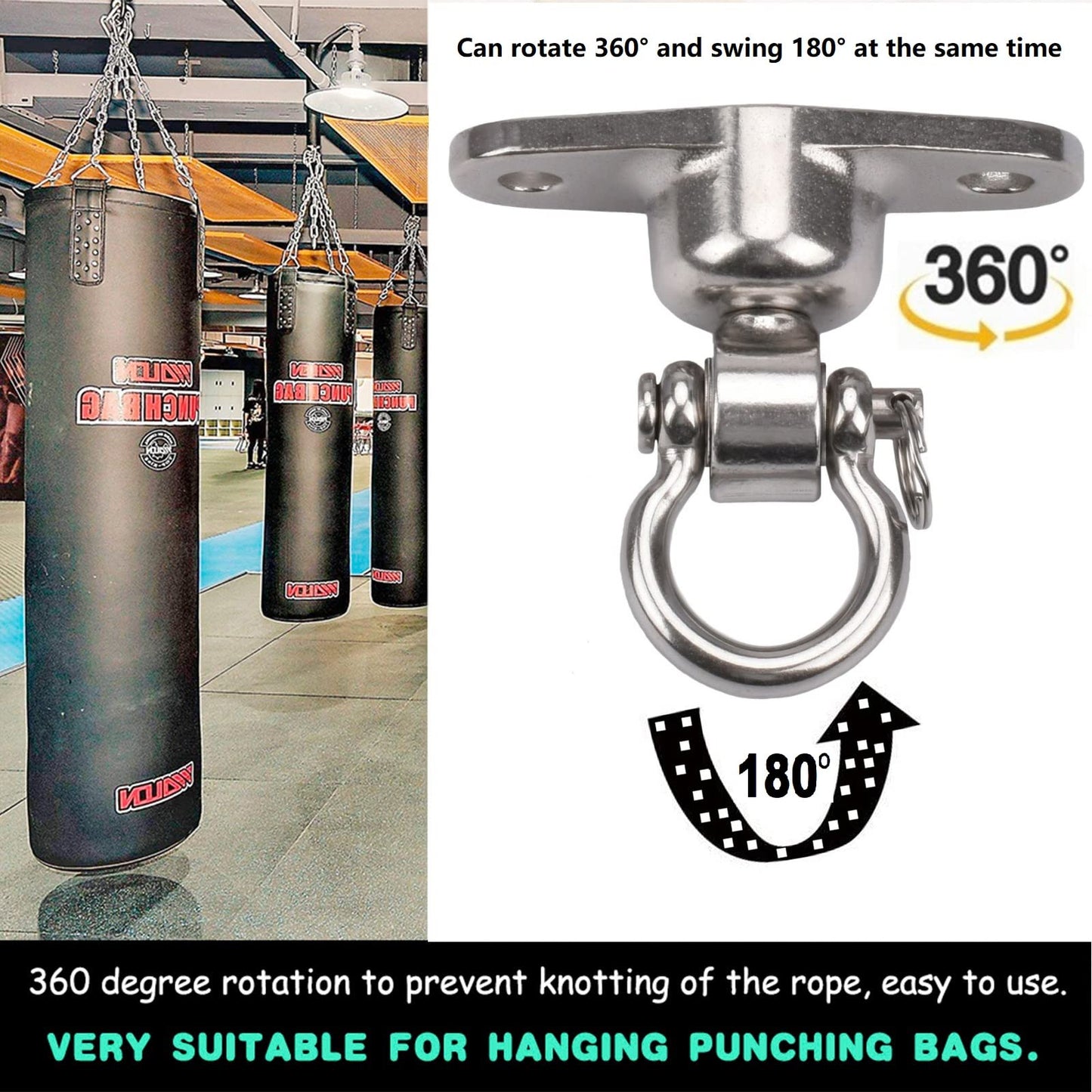 WWFFEN 2 Antirust Swing Hanger Heavy Duty 360°+180°Rotation 1500LB Capacity Wood Playground Yoga Hammock Chair, Rope sandbag