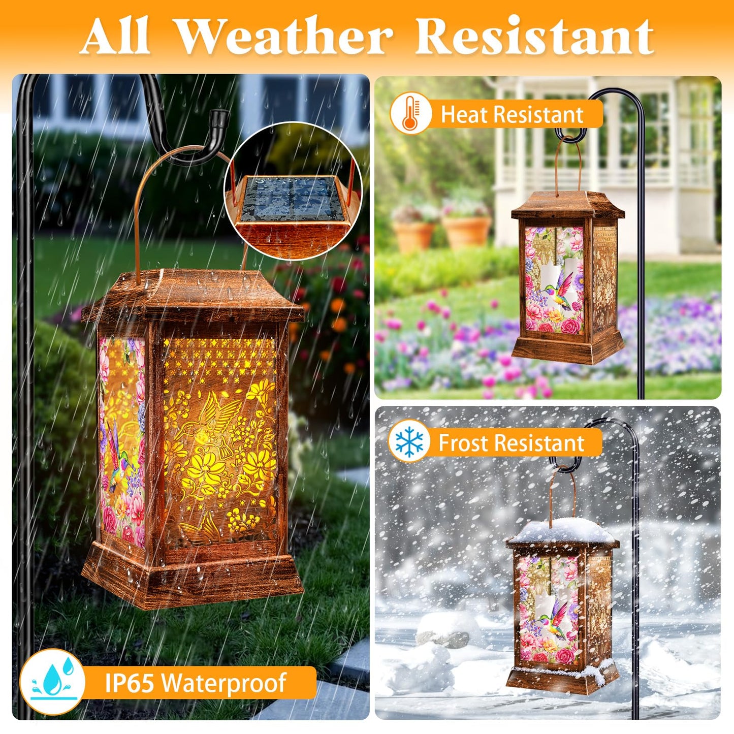 Hummingbird Solar Lanterns Outdoor Waterproof, Metal & Glass Hanging Lights Garden Decor, Birthday Gifts for Mothers Day Women Mom Christmas, Decorative Lights for Outside Yard Patio Backyard Porch