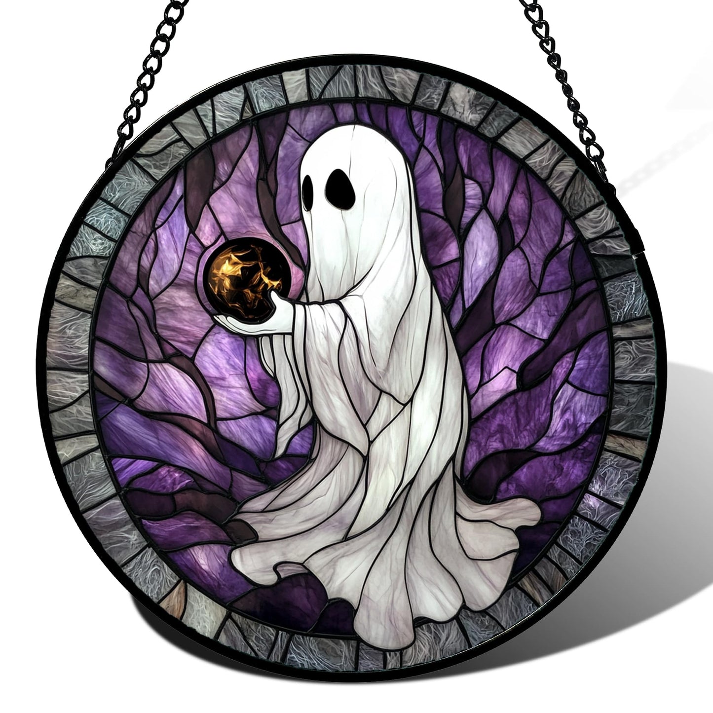 AMDERVEN Stained Glass Window Hanging - HalloweenGhost Magician Black Purple Crystal Ball Suncatcher for Doors Garden Spooky Sun Catchers Gothic Decorations Horror Gifts for Women Men Friend 9.8 in