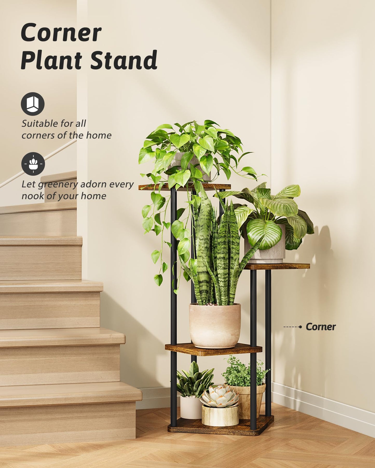 GENTINGBRO Tall Plant Stand Indoor 4 Tiered Plant Shelf for Multiple Plants Coner Shelf Stand Wood Plant Stand Metal Shelving for Living Room Bedroom Balcony Patio Brown Oak