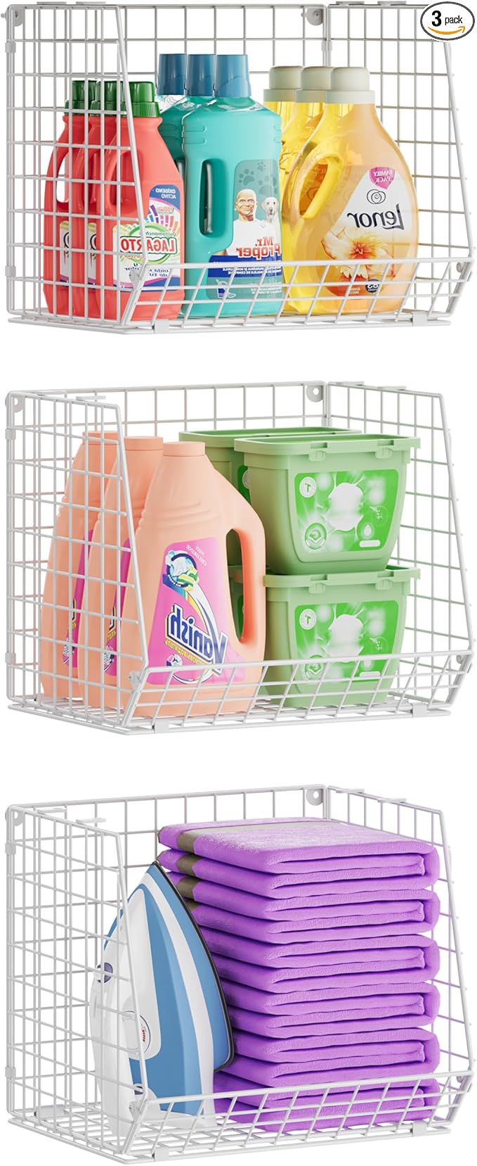 3 Pack Screw Mount Under The Wooden Shelf Laundry Room Organizer: Foldable Wire