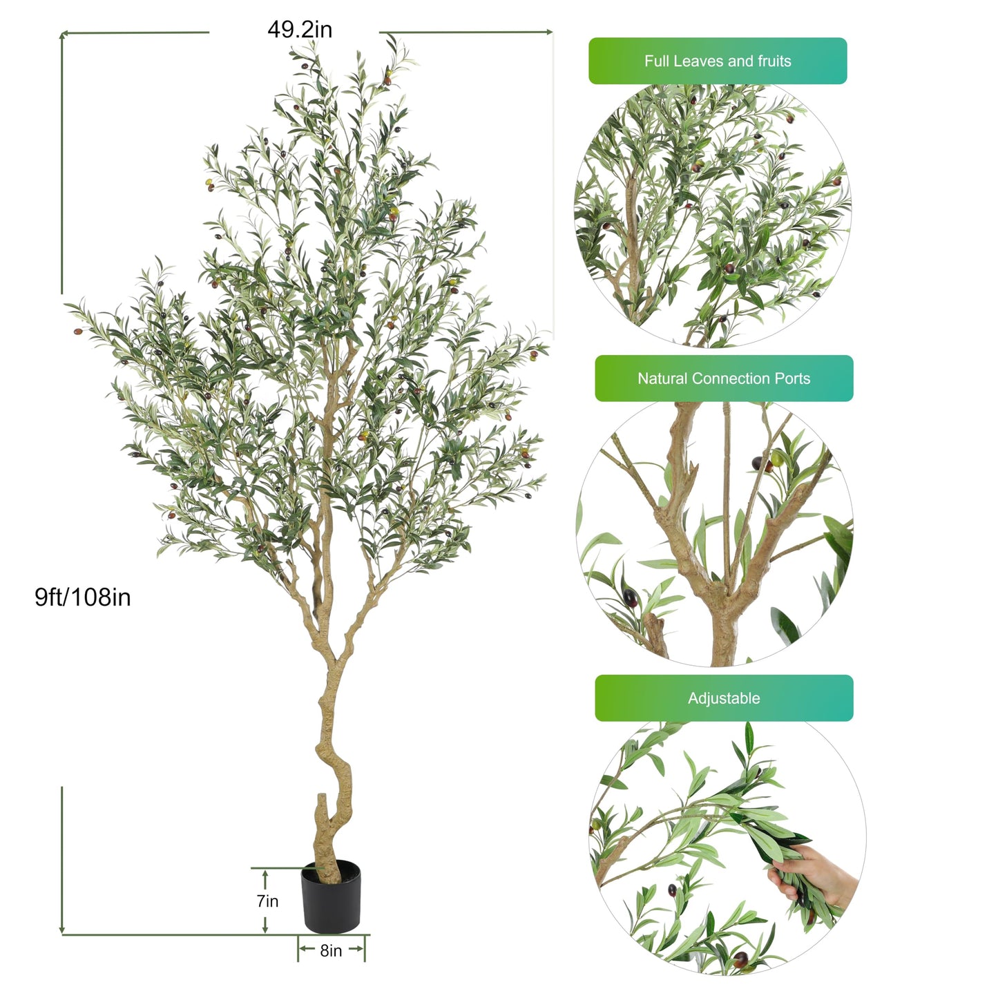 Nafresh Tall Faux Olive Tree，9ft（108in） Realistic Potted Silk Artificial Olive Tree， Fake Olive Trees Indoor with Green Leaves and Big Fruits for Home Office Living Room Stairs Patio Decor.