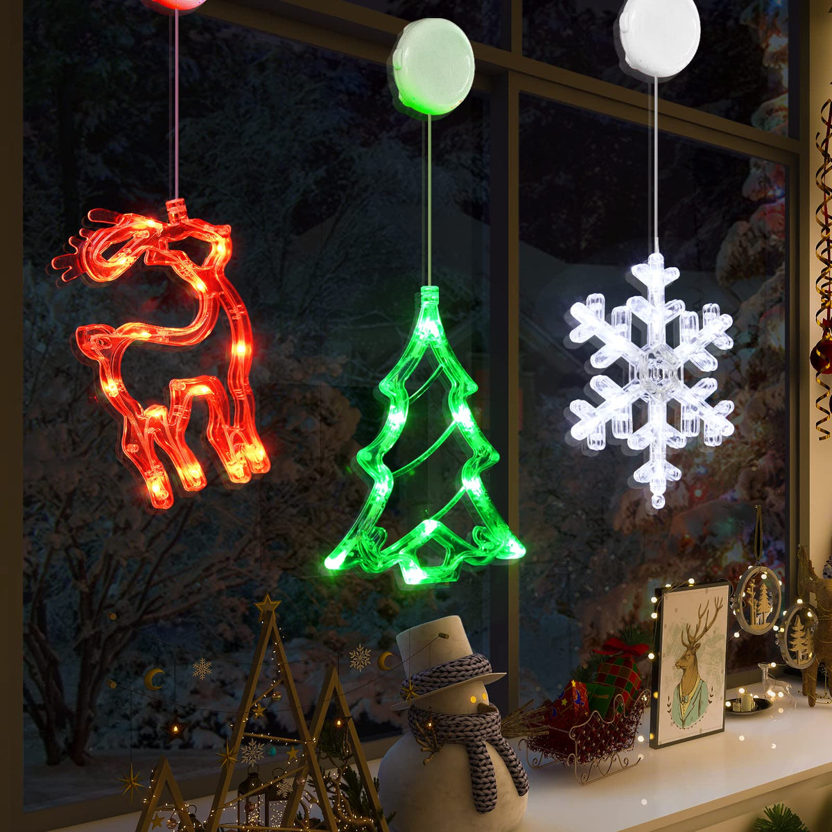 LOLStar Christmas Decorations, 3 Pack Reindeer, Christmas Tree, and Snowflake Window Lights with Suction Cup, Timer Function & Slow Fade Mode Battery Operated Indoor Lights for Christmas Eve New Year