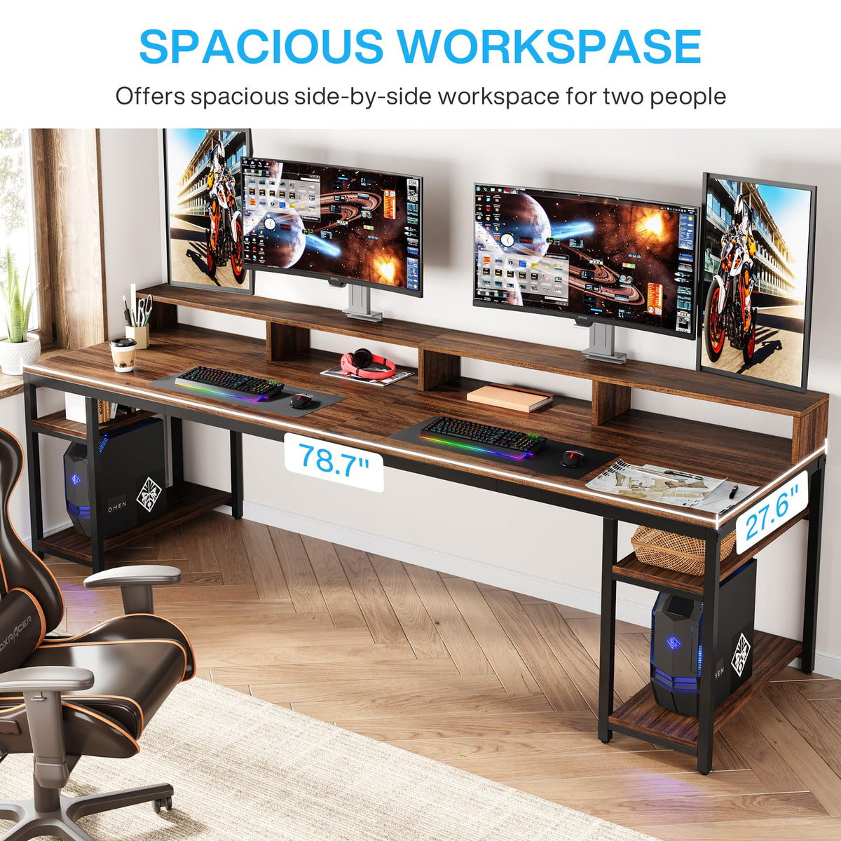Tribesigns Two Person Desk with Monitor Stand, 78.74" Long Double Computer Office Desk with Storage Shelves, Large Gaming Study Writing Table Workstation for Home Office (Rustic Brown)