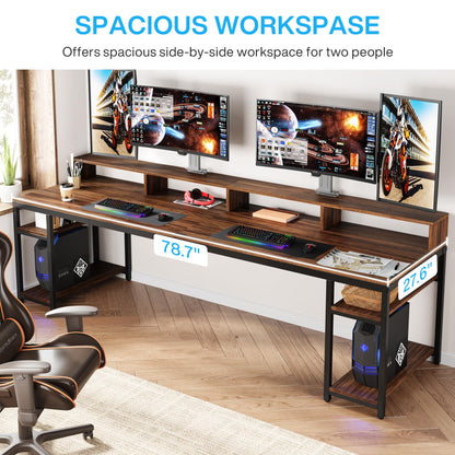 Tribesigns Two Person Desk with Monitor Stand, 78.74" Long Double Computer Office Desk with Storage Shelves, Large Gaming Study Writing Table Workstation for Home Office (Rustic Brown)