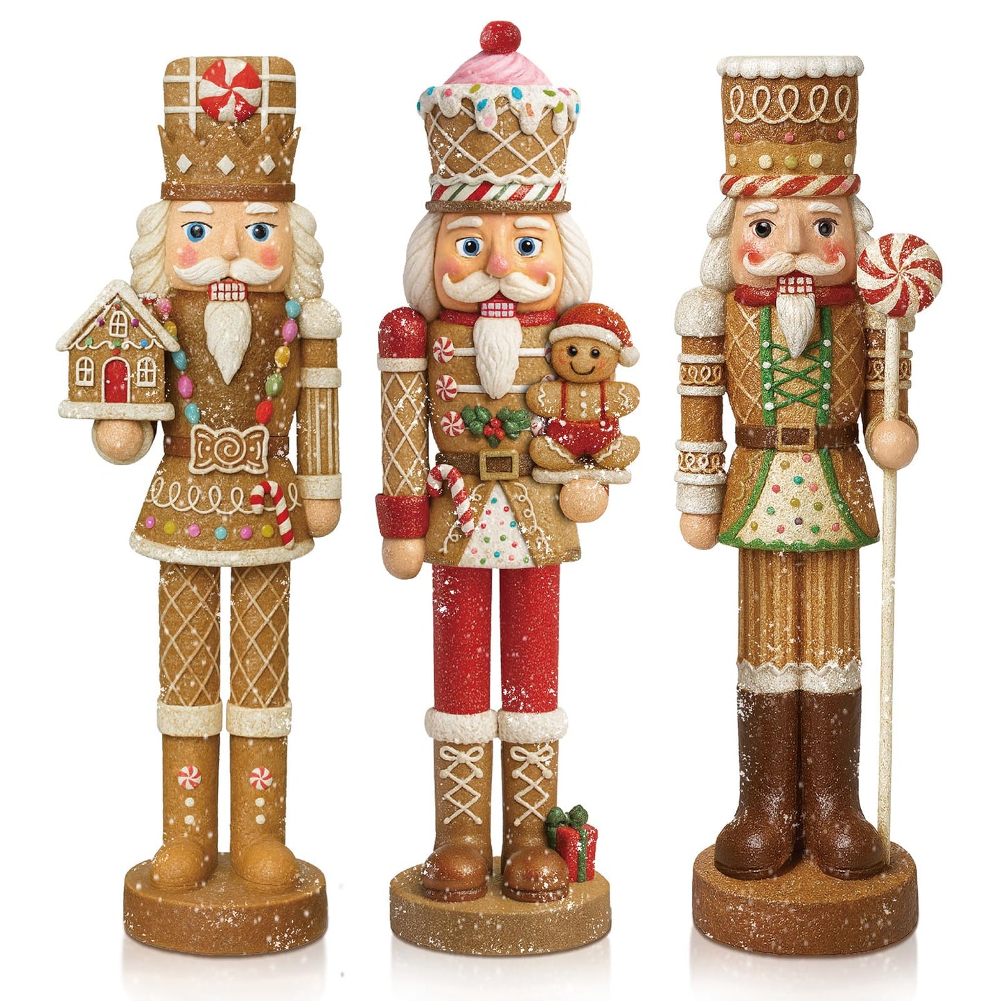 Simgoing 3 Pcs Gingerbread Nutcracker Figures Christmas Resin Nutcracker Figurines Holding Christmas Cookies, Gingerbread Men and Candy, Soldier Xmas Centerpieces Decor for Winter Table Party Favors