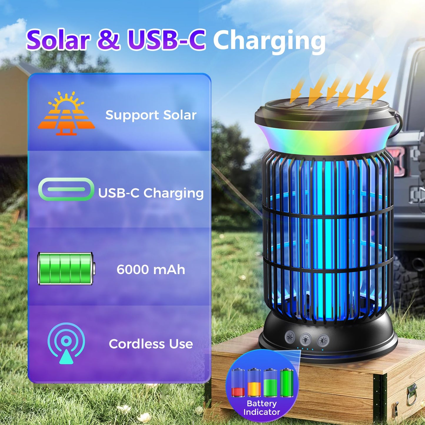 Solar Bug Zapper Outdoor, 4200V Effective Mosquito Zapper, 4-in-1 Cordless Rechargeable Fly Zapper with 6000mAh Battery, Waterproof & Portable Insect Zapper for Patio, Camping, Home Black