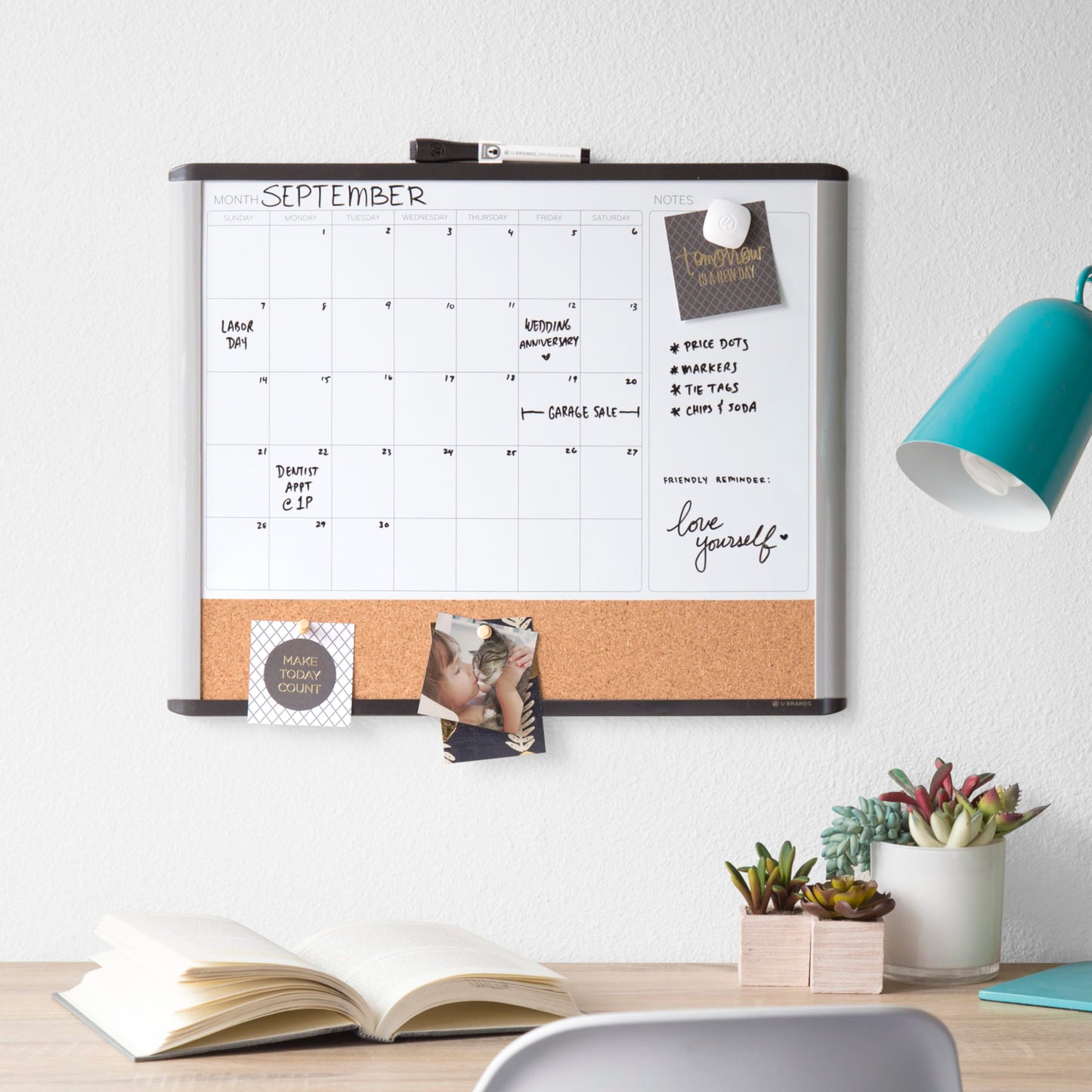 U Brands Magnetic Dry Erase 3-in-1 Calendar Board, 20"x16", Black and Gray Frame