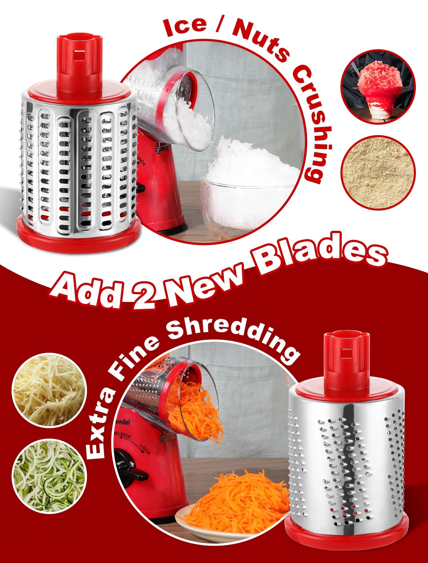 Geedel Rotary Cheese Grater Cheese Shredder - Upgraded 5-in-1 Cheese Grater with Handle and Strong Suction Base, Multi-purpose Vegetable Slicer Ice Shaver Nuts Grinder for Ice, Vegetables, Fruit, Nuts