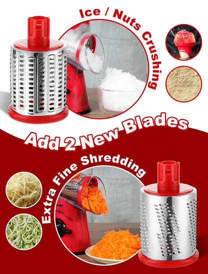 Geedel Rotary Cheese Grater Cheese Shredder - Upgraded 5-in-1 Cheese Grater with Handle and Strong Suction Base, Multi-purpose Vegetable Slicer Ice Shaver Nuts Grinder for Ice, Vegetables, Fruit, Nuts
