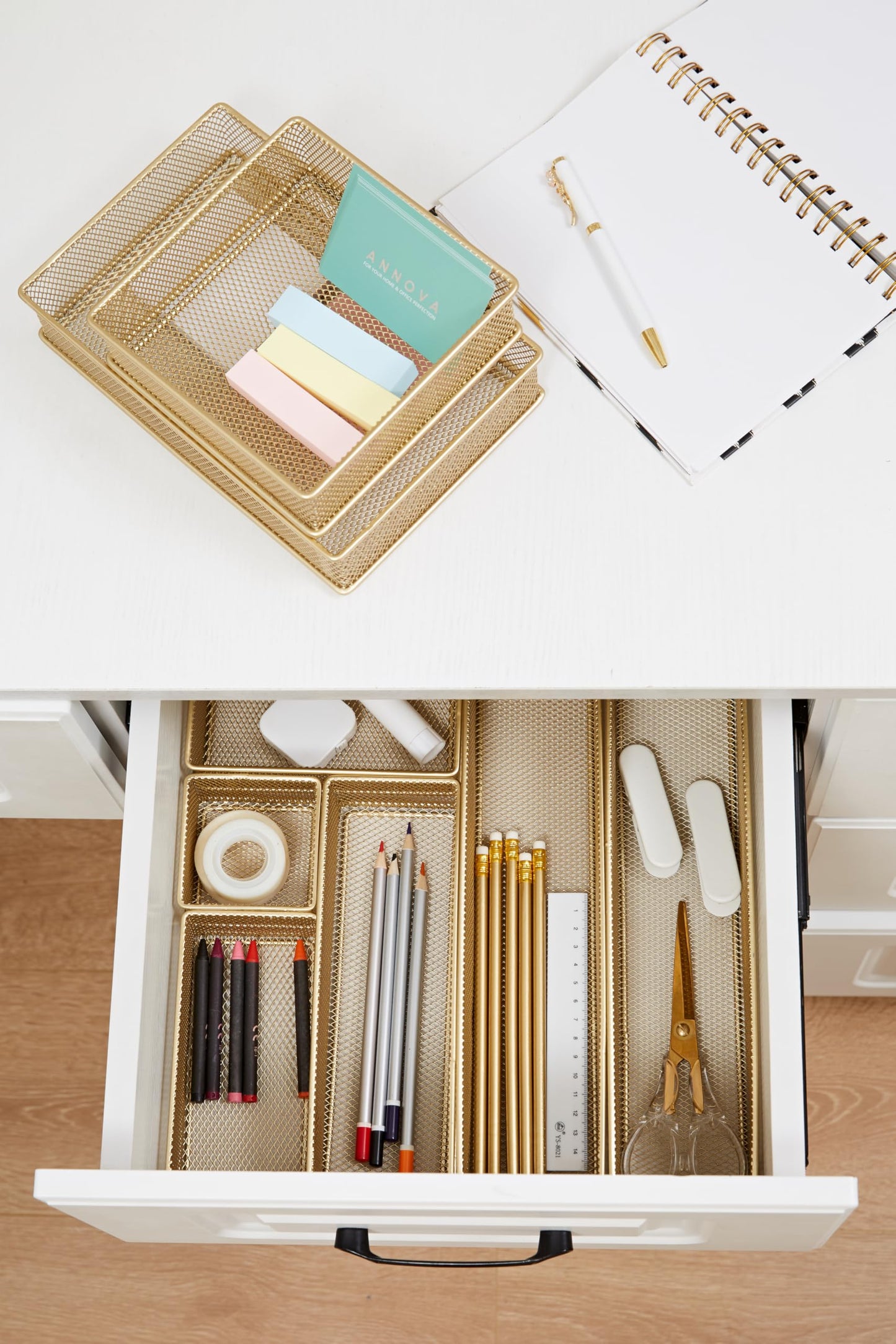 Annova Mesh Stackable Drawer Cabinet and Shelf Organizer Bins Storage Basket School Office Supply Holder Tray- Set of 2 (Gold, 6x9x2 Inch)