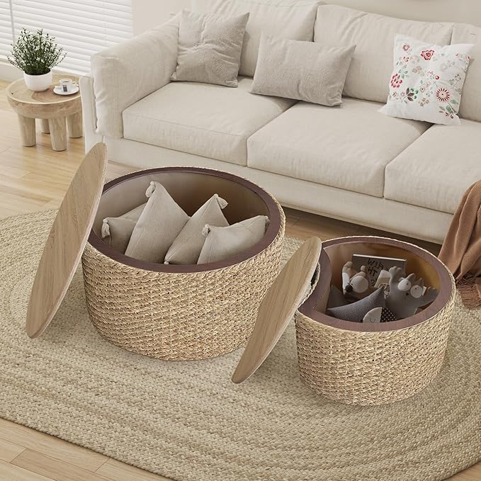 Nesting Coffee Table Set of 2, Rustic Crate and Barrel Coffee Table, Hand-Woven