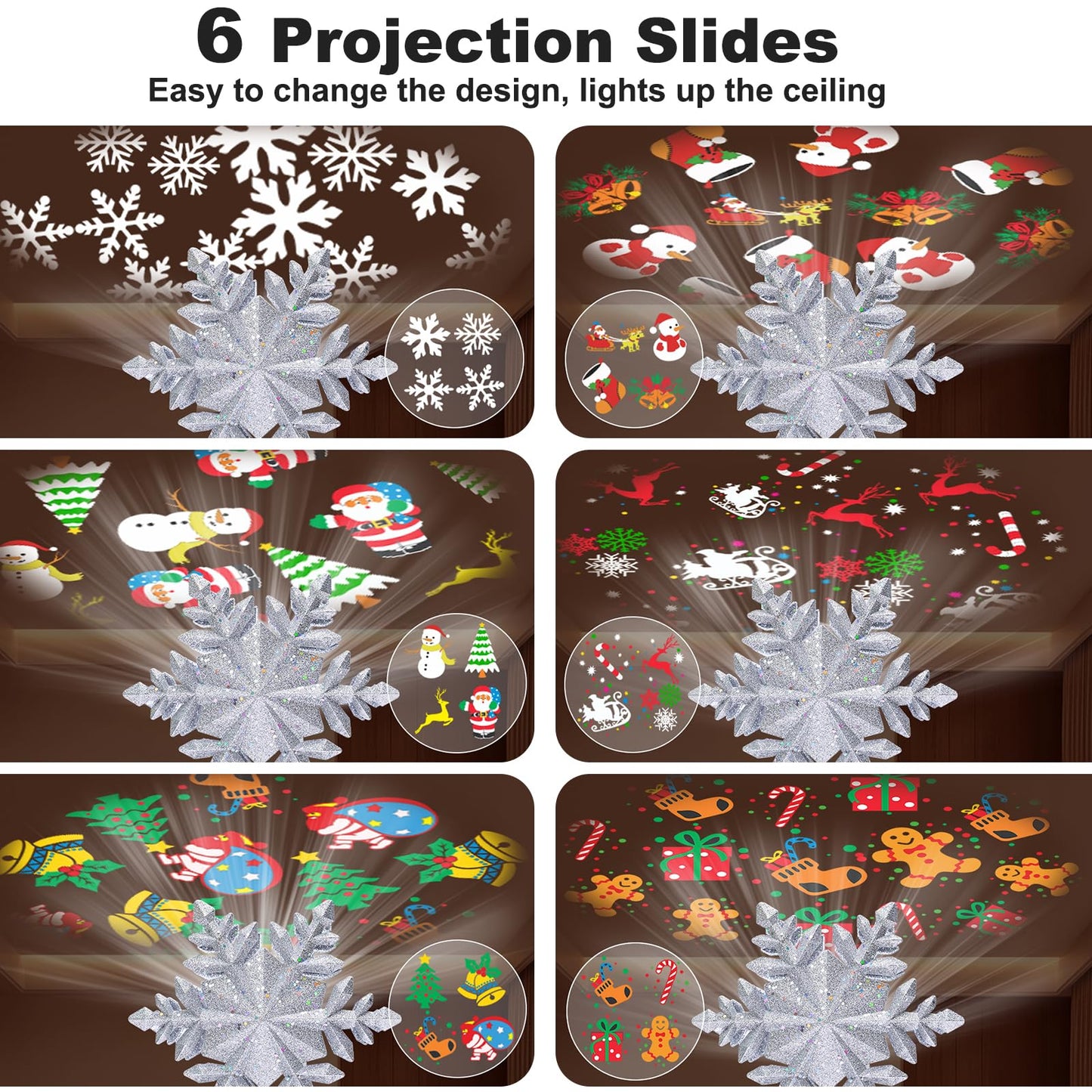 TKYHRMAS Christmas Tree Toppers Lighted with 6 Projection Modes, Christmas Snowflake Tree Topper with Built-in LED Rotating Lights, Silver 3D Glitter Projection for Xmas Party Holiday Decorations