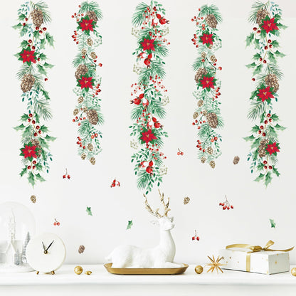 Christmas Garlands Wall Stickers Christmas Pine Cones Red Berry Vine Wall Decals Hanging Poinsettia Green Leaves Flower Window Decals for Xmas Winter Party Home Office Classroom Festival Decoration