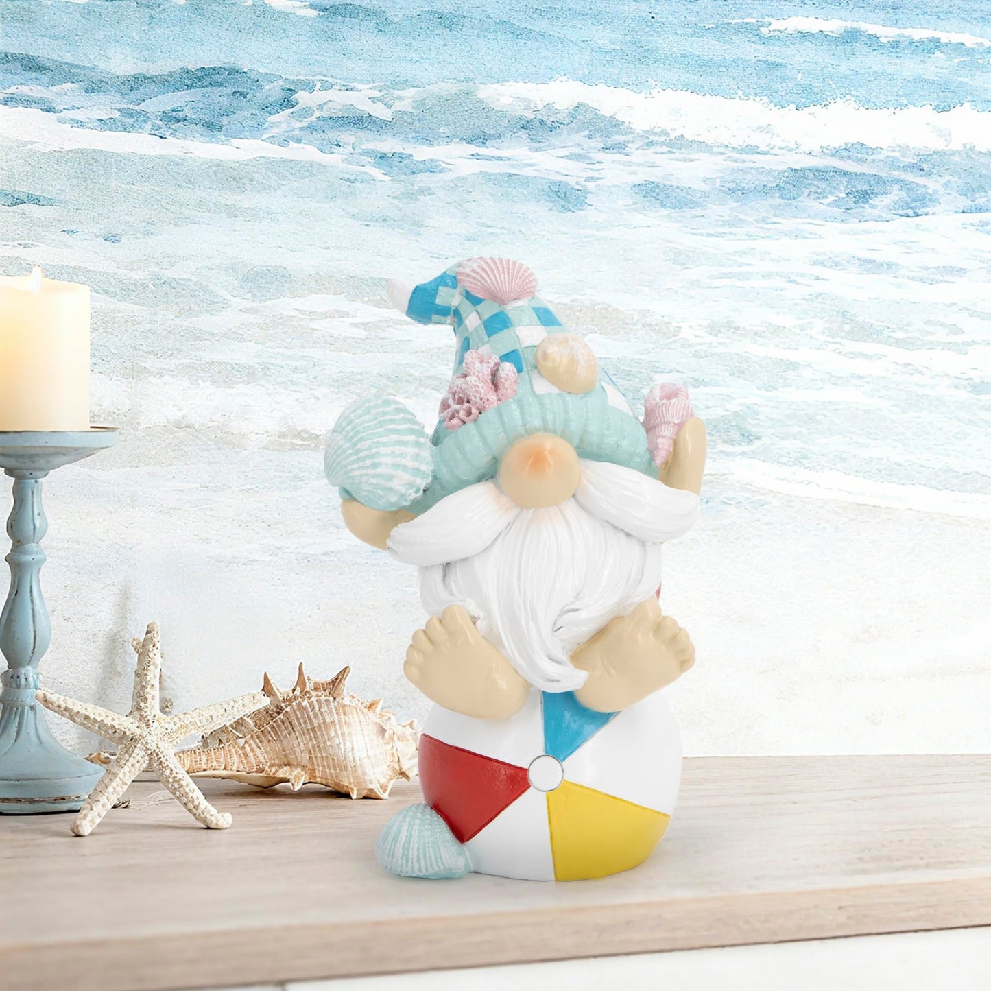 Hodao Coastal Ocean Gnome Decorations – Hand-Painted Resin Beach Gnome Sitting on Ball with Seashell Hat & Coral Details, Summer Sea Decor Gift for Indoor Home, Bedroom & Tabletop Ornaments