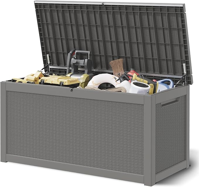 Outdoor Storage Box, Resin Deck Boxes Indoor and outdoor, Waterproof Storage Box Lockable Lid Grey,320 Gallon