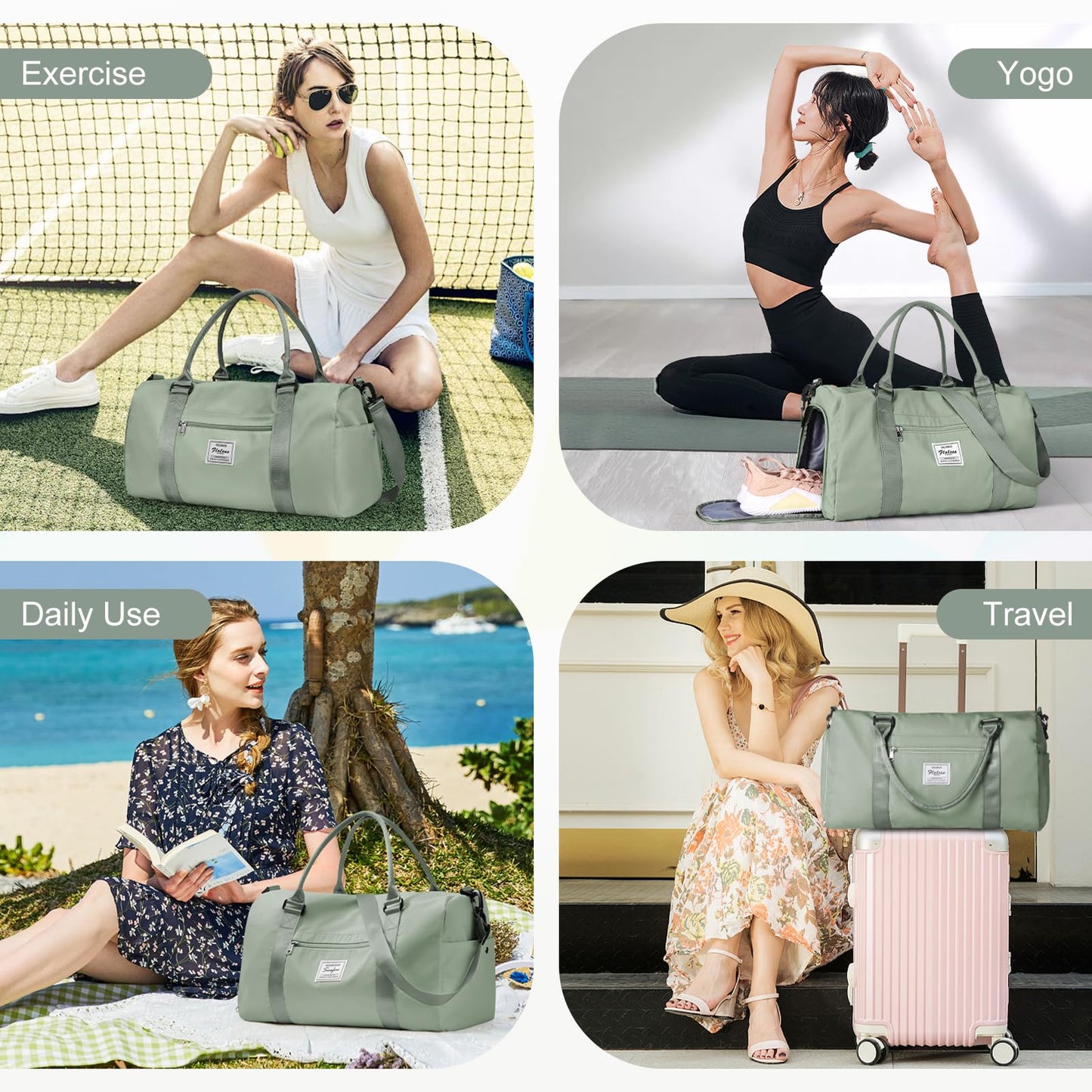 Gym Bags for Women Men with Shoes Compartment,Sports Duffle Bags Personal item travel Duffel Tote Bag Small Carry on Weekender Overnight Bag Workout Dance Bags Hospital Holdalls Grey Green