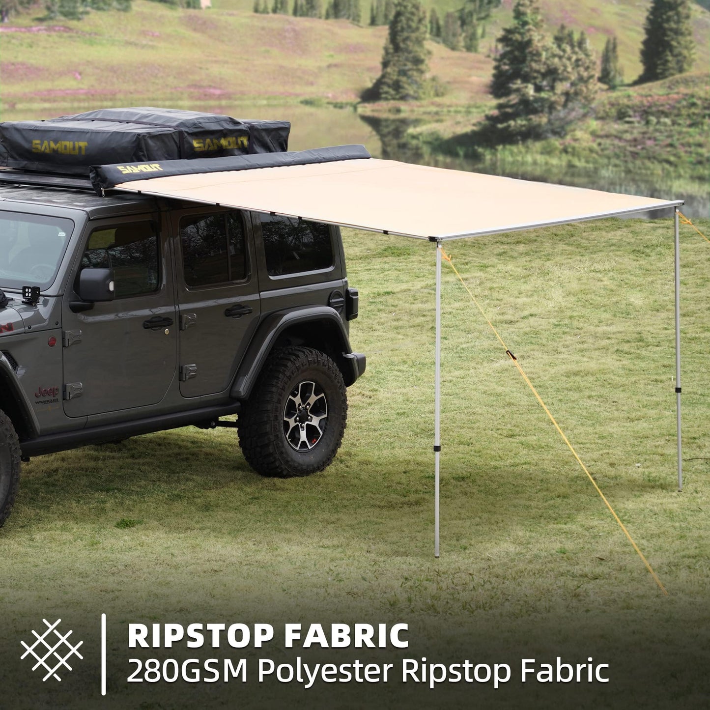 SAMOUT Vehicle Awning, 6.6ft x 10ft, Rooftop Pullout Ripstop UPF50+ Side Awning, Reinforced Hinges & Poles for Jeep/SUV/Truck/Van
