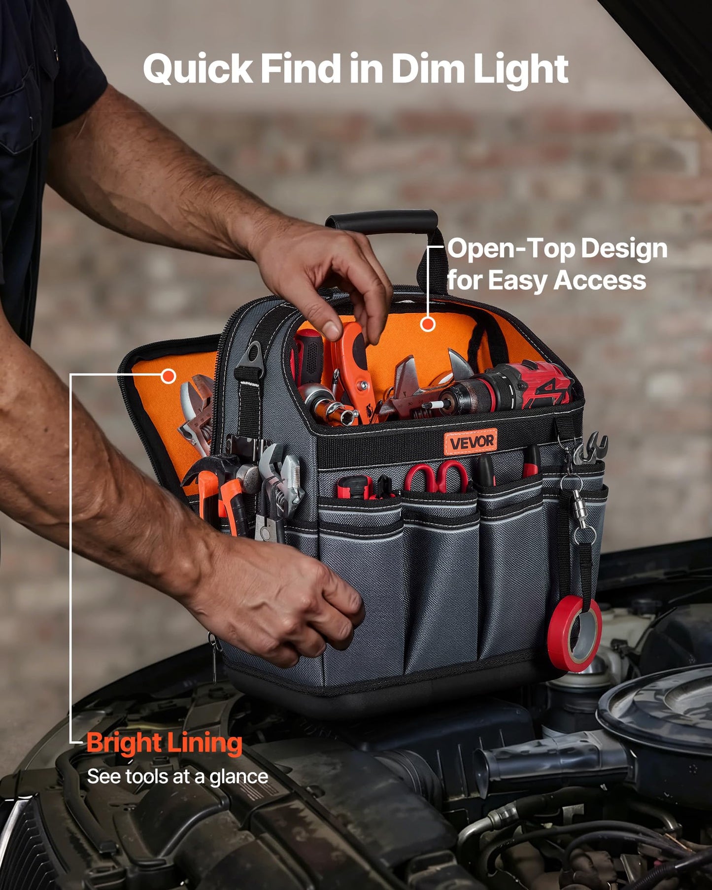 VEVOR Tool Bag, 13.2 Inch, 39-Pocket Open Top Tool Pouch, Portable Electrical Maintenance Toolbox Organizer Storage with Hard Plastic Base, Adjustable Shoulder Strap, for Professionals DIY & Jobsite