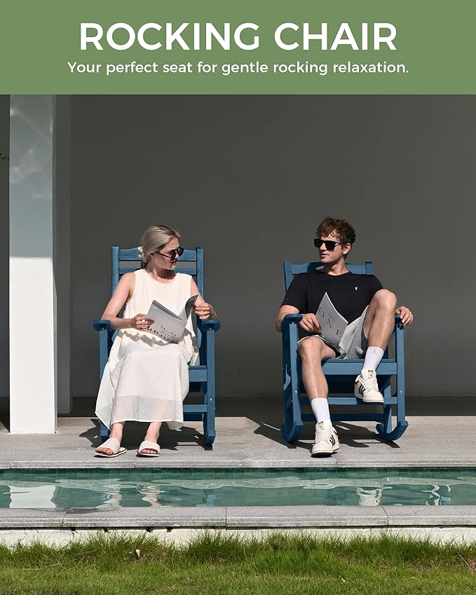 Oversized Rocking Chair Outdoor, High Back Porch Rocker Chair, HDPE All Weather Resistant Rocking Chairs for Patio, 380lbs Weight Capacity, Navy Blue