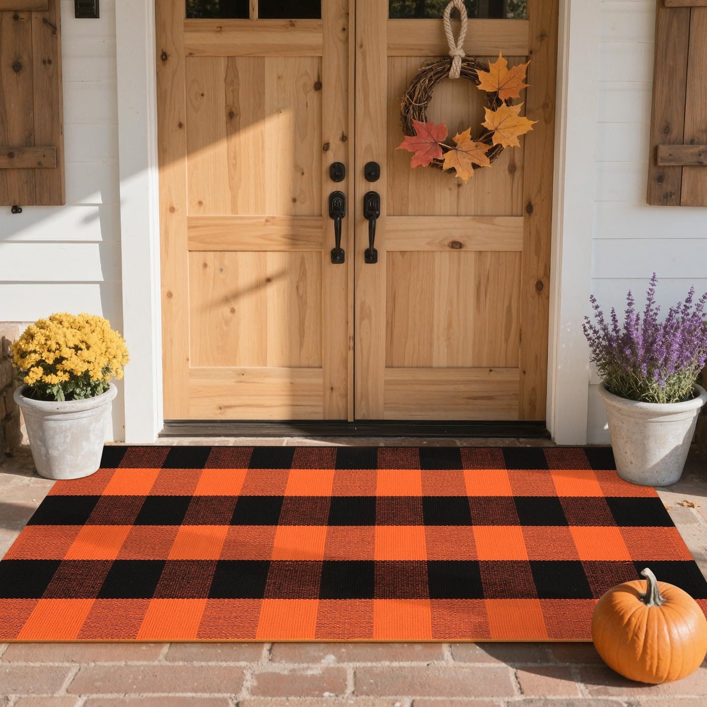 LEEVAN Halloween Outdoor Rug 2x4, Buffalo Plaid Fall Decor Washable Orange and Black Checkered Entryway Rugs, Small Front Porch Door Mat, Cotton Woven Layered Carpet for Farmhouse/Kitchen/Bathroom