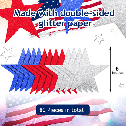 Gejoy 80 Pieces Red White Blue Glitter Stars Cutouts Patriotic 6 Inch Paper Star Decorations for 4th of July Independence Day Bulletin Board Classroom Decorations, Memorial Veterans Day Party Supplies
