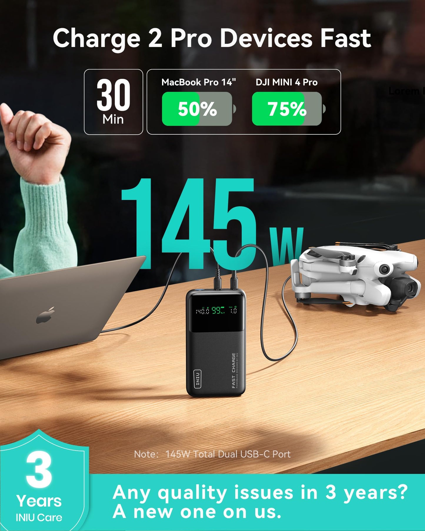 INIU 140W Power Bank, 27000mAh High Capacity Laptop Portable Charger, USB C in&Out Tablet Powerbank, Digital Display Phone Charger, Travel Charger Compatible with iPhone 17 16, iPad, MacBook, Laptop