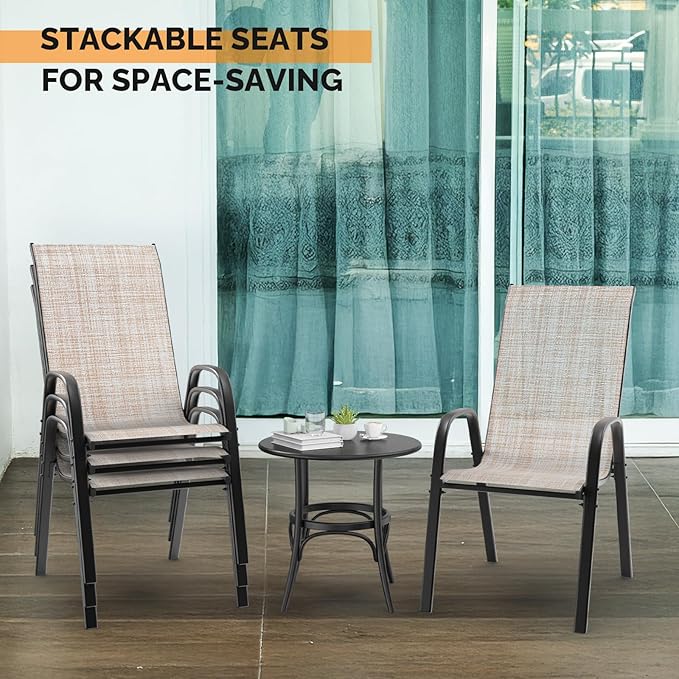 VINGLI Patio Chairs Set of 8 – Stackable Outdoor Dining Chairs with Comfortable Sling High Back Chairs and Armrests for Lawn, Poolside, Courtyard, Balcony, Garden, Yellow