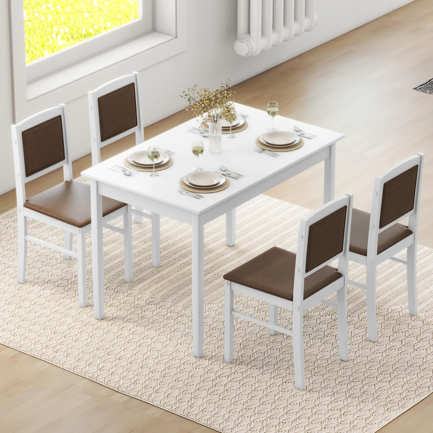 Giantex 5-Piece Dining Table Set for 4, Wooden Kitchen Table and Chairs with Solid Rubber Wood Legs, Padded Seat & Backrest, Space Saving Dinette Set for Home Dining Living Room, Breakfast Nook