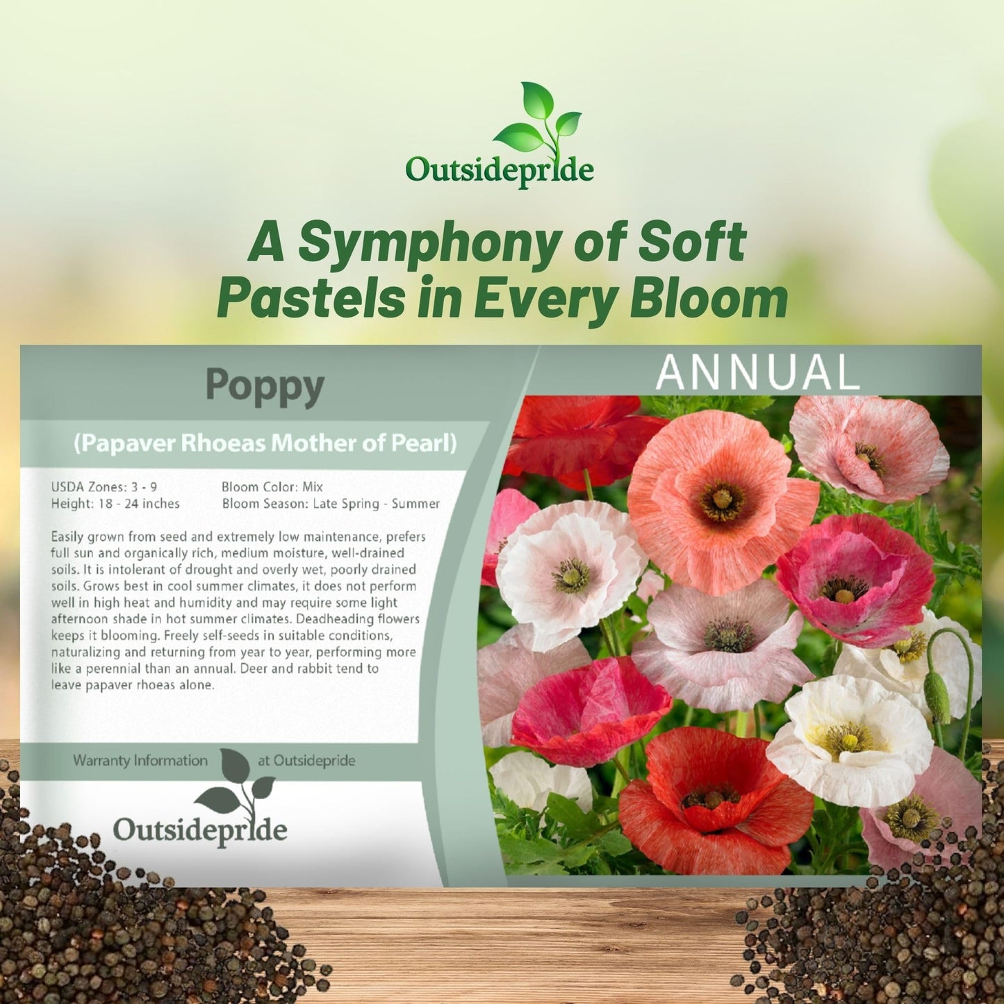 Outsidepride Mother of Pearl Poppy Seeds for Planting - 500 Pcs Annual, Drought-Tolerant & Easy to Grow Wildflower Seeds with Vibrant Mix Blooms for Landscaping, & Pollinator Garden