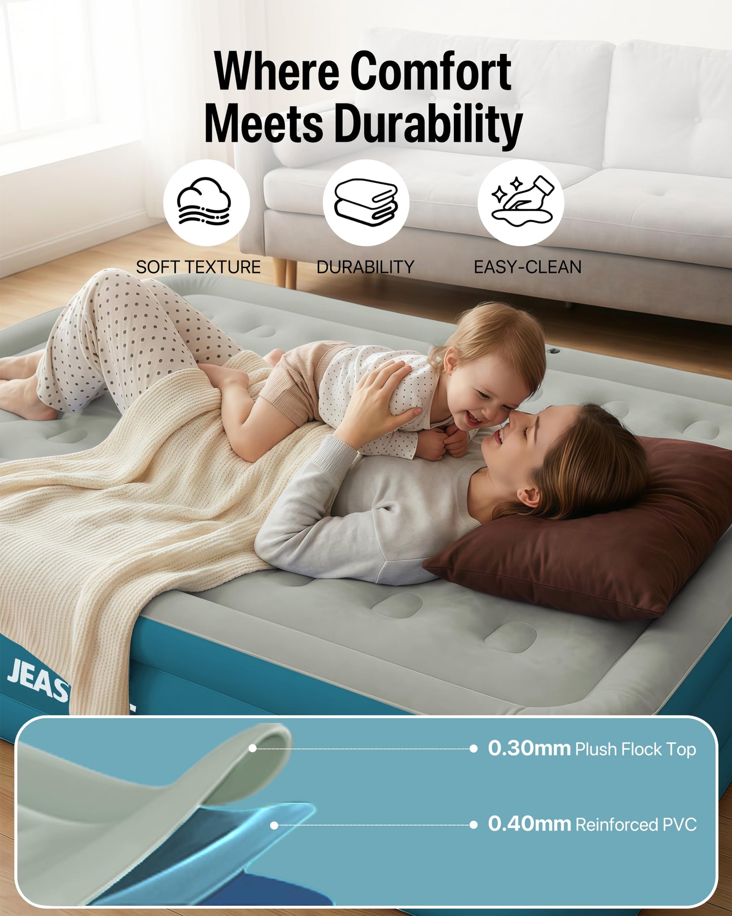 JEASONG Queen Air Mattress with Built-in Rechargeable Battery Pump & Headboard, 20 Inch Elevated Airbed Blow Up Mattress, 700 lbs Inflatable Mattress, Portable Air Bed Blow Up Bed for Home & Camping