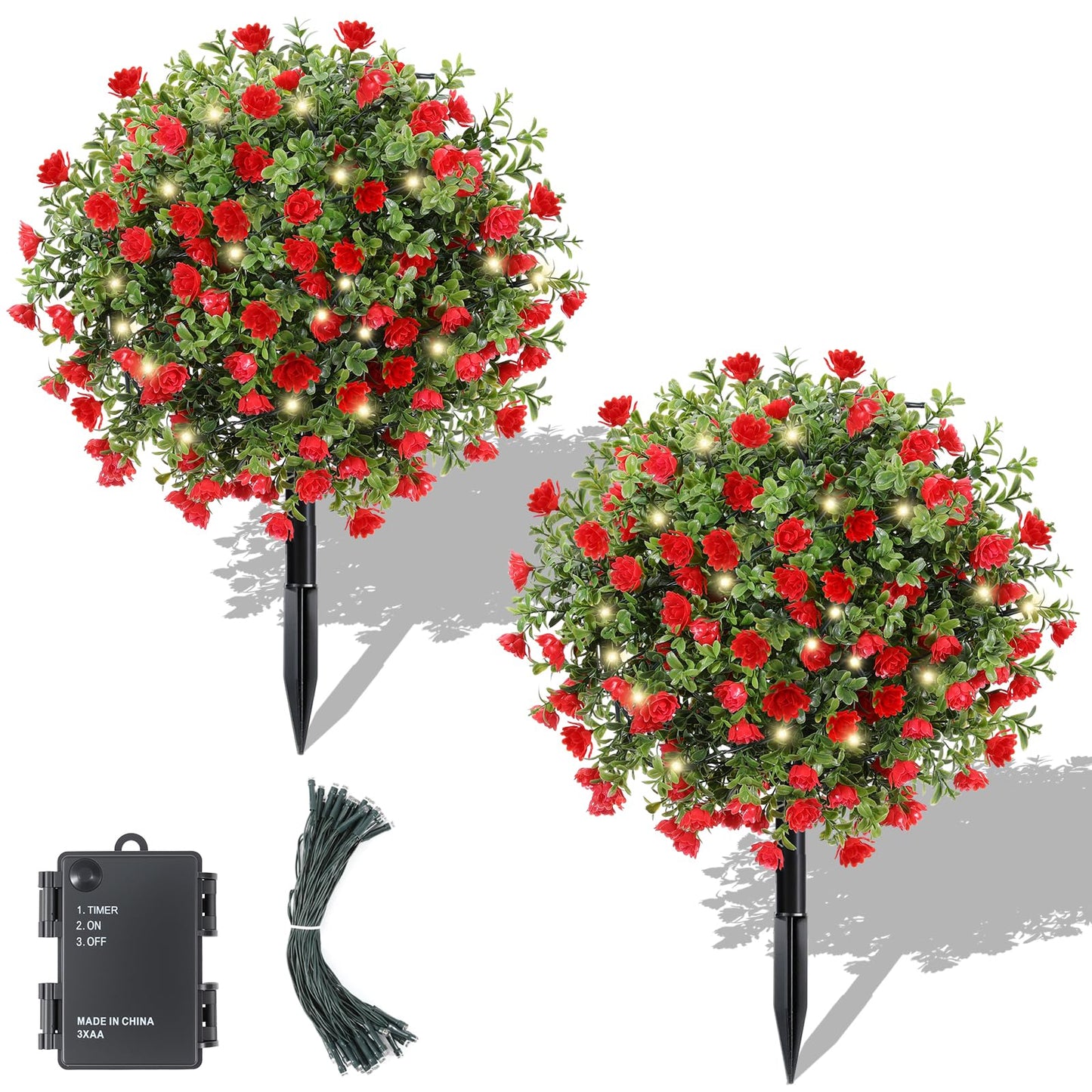 Lewondr Artificial Red Flowers Boxwood Topiary Ball with LED Lights,23.6'' Artificial Shrub Bushes with Ground Spike,UV Resistant Faux Greenery Shrubs,Fake Plants for Indoor Outdoor Garden Patio Decor