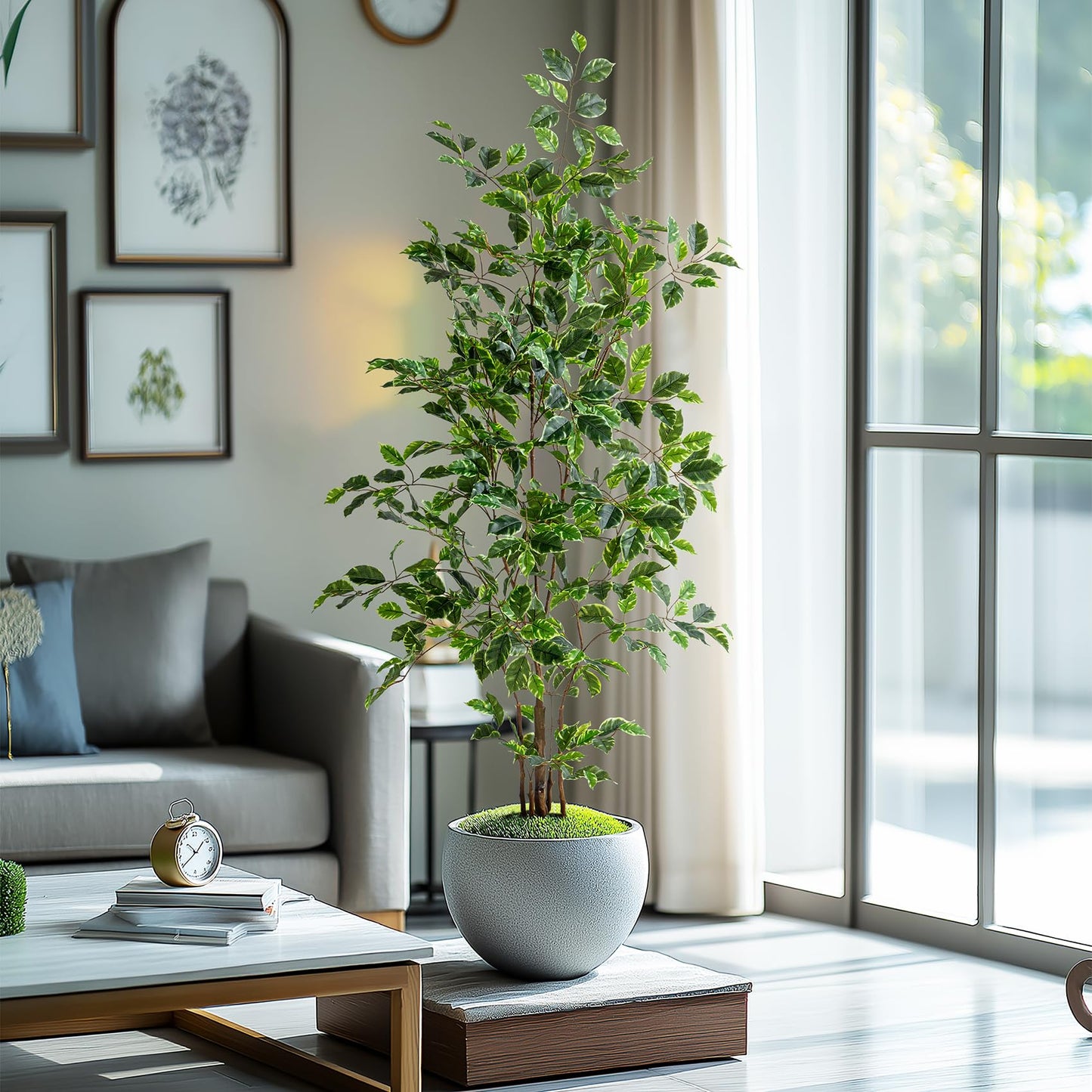 Bailikang Artificial Ficus Tree Indoor 5ft, Large Potted Faux Tree with Realistic Silk Leaves & Trunk for Home Office, Living Room Corner Decor