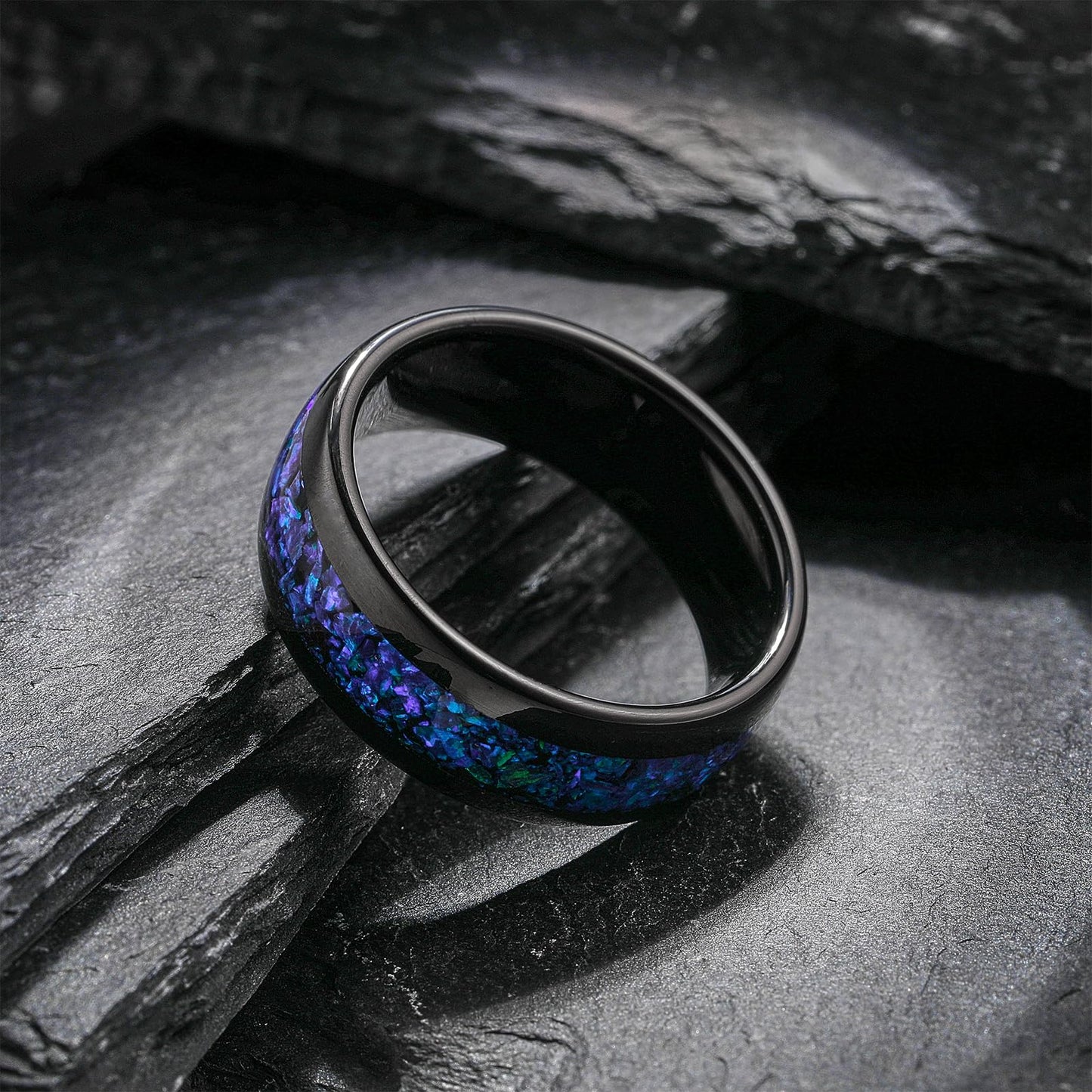 NUNCAD Mens Tungsten Wedding Bands Blue Opal Inlaid Men Black Ring Wedding Ring Dome Polished Finish 8mm Comfort fit Sizes 11