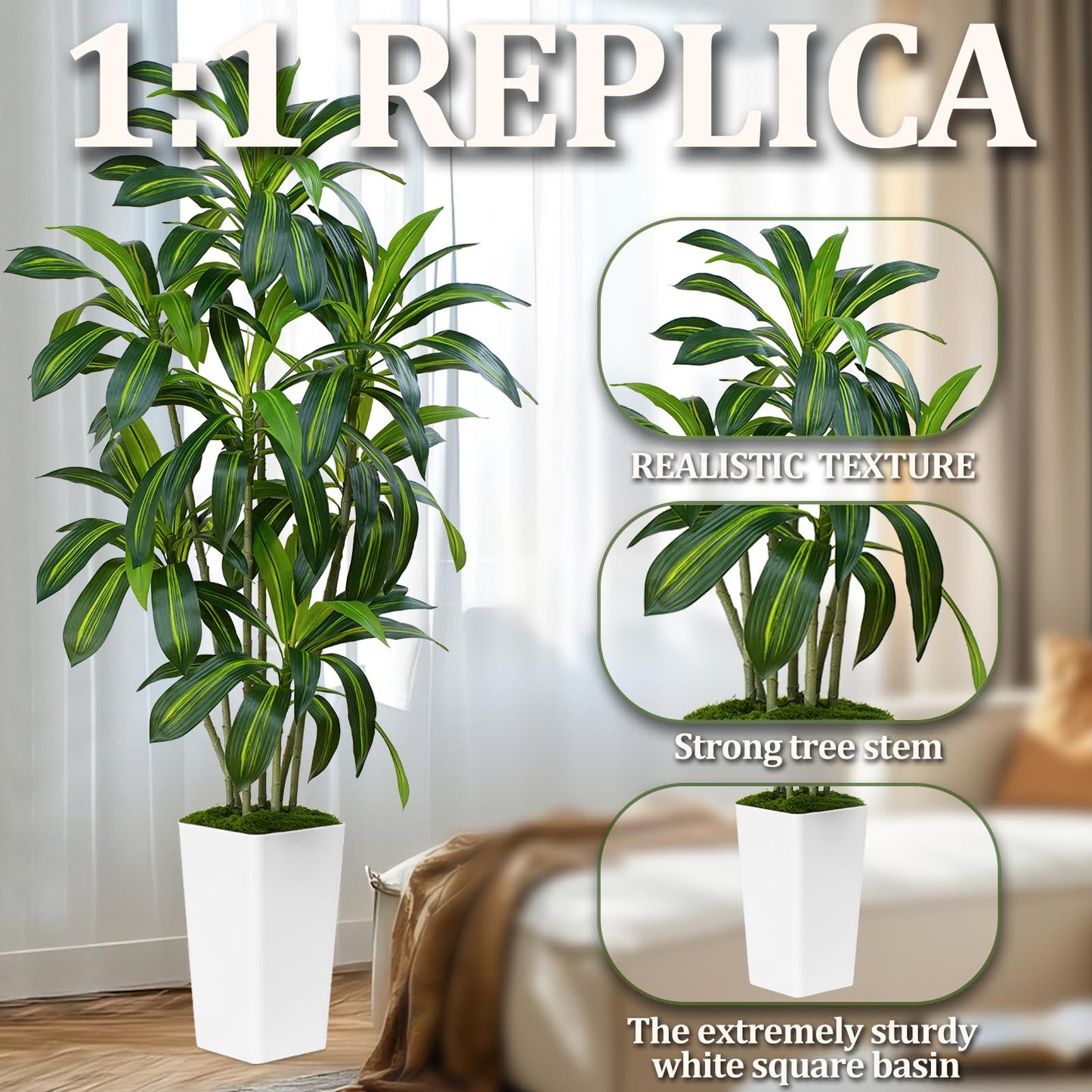 ZEEOZE Dracaena Plant Artificial Tree 6Ft Tall Fake Tropical Floor Plants Potted (Real Touch) Artificial Silk Tree Leaf Faux Trees White Tall Planter for Home Office Living Room Indoor Outdoor Decor