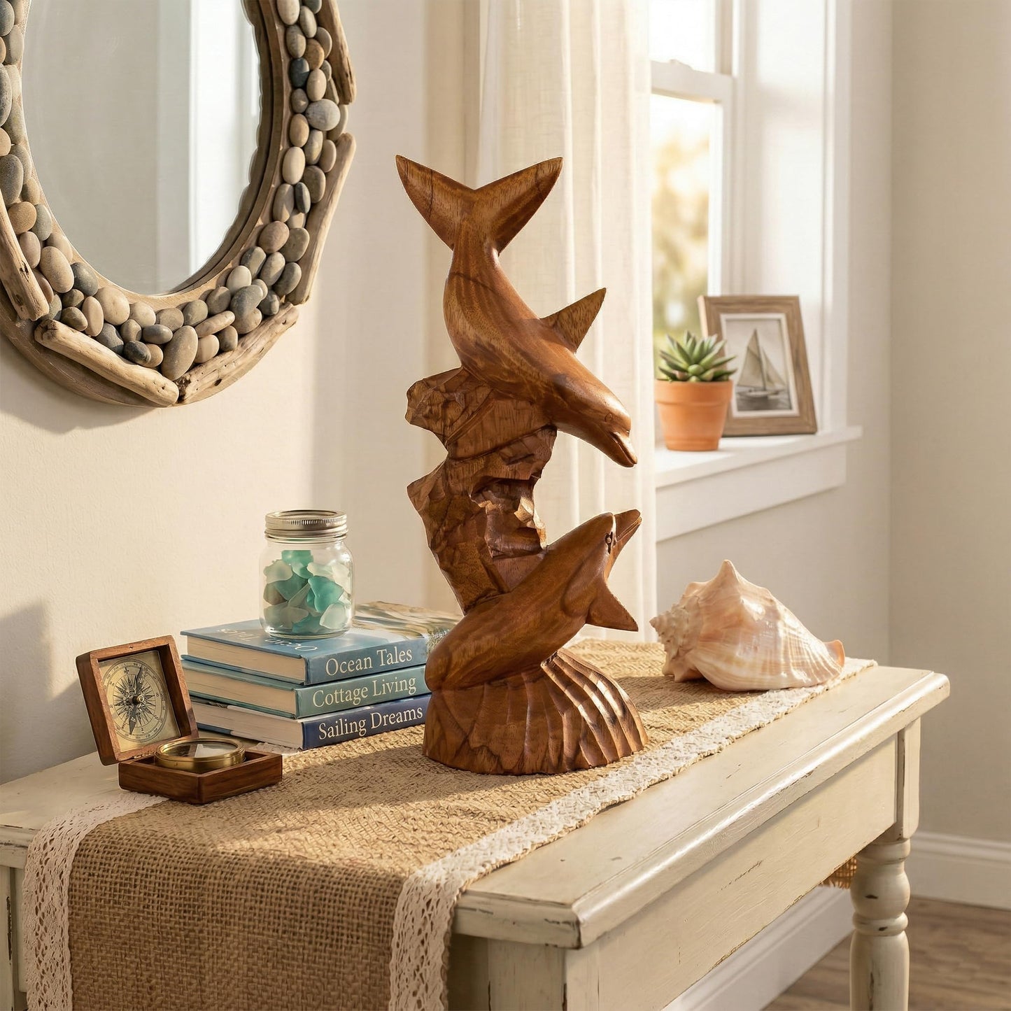 G6 Collection Wooden Hand Carved Dolphin Statue Sculpture Wood Decorative Home Decor Accent Figurine Handcrafted Handmade Seaside Tropical Nautical Ocean Coastal Decoration (2 Dolphins on Coral, 12")