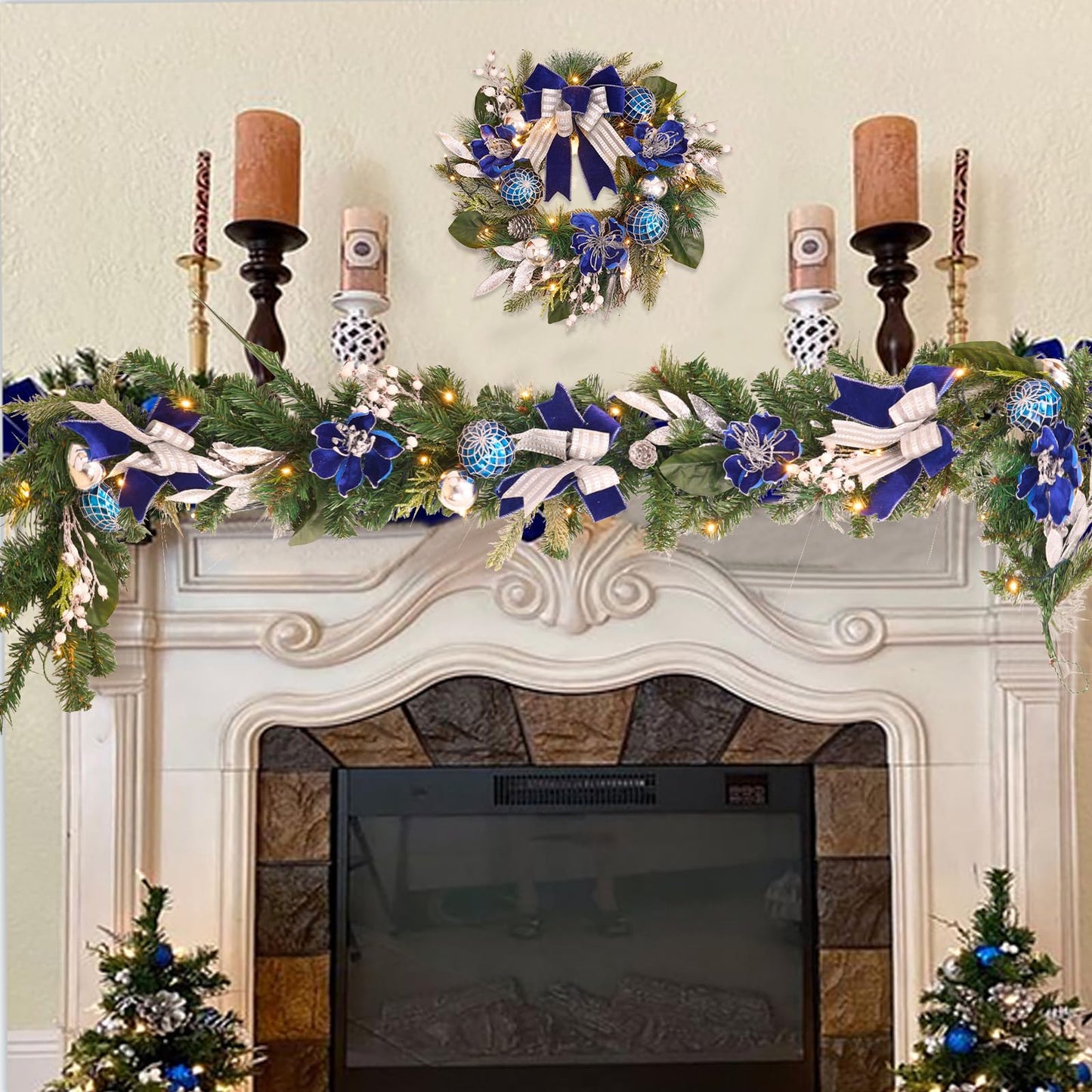 Pre-Lit Christmas Garland for Front Door with 20 LED Lights,6 ft Silver Blue Lighted Christmas Garland for Mantel Fireplace Window Stairs Holiday Decoration with Timer,Magnolia Winter Decor