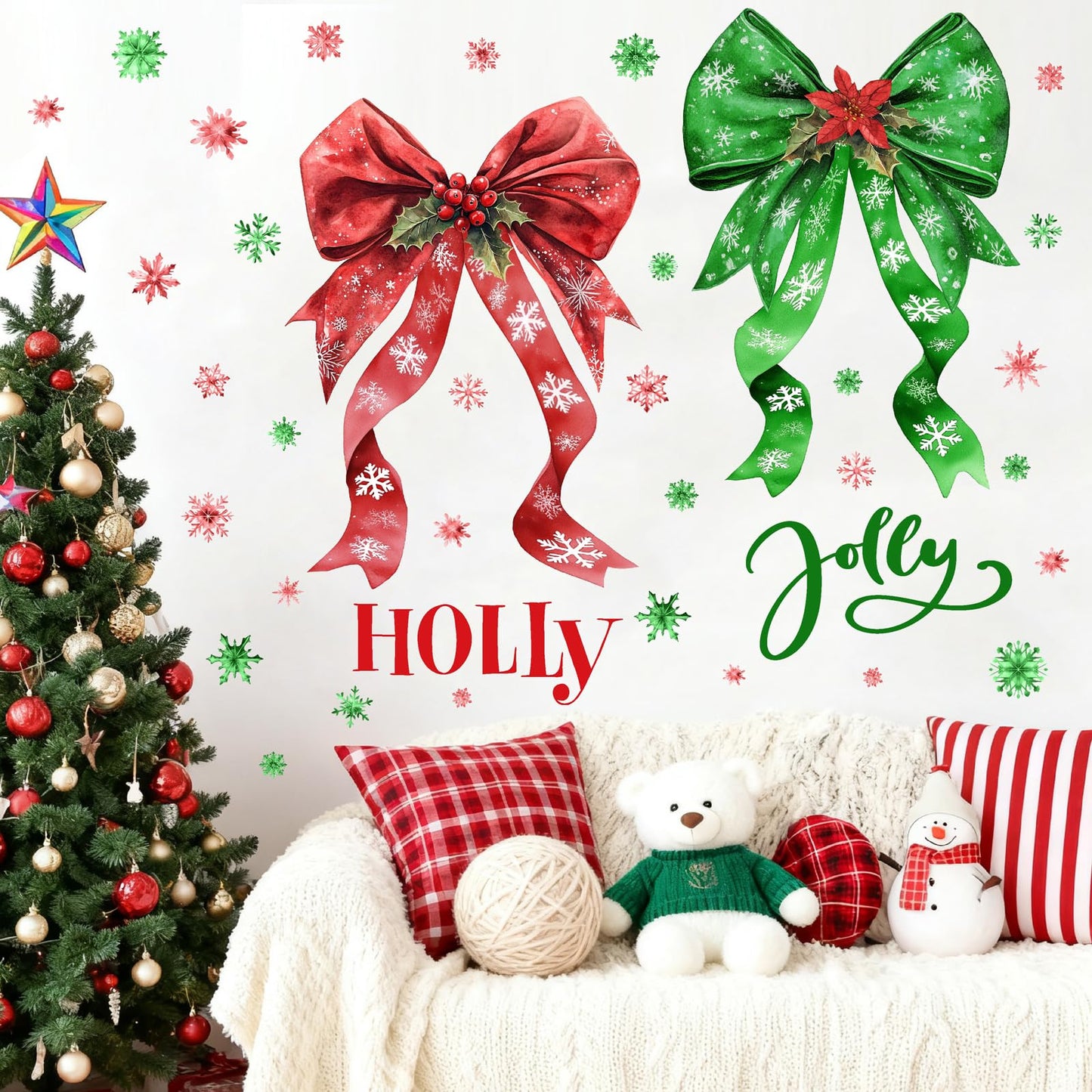 Large Christmas Wall Stickers Green Red Bow Decoration Decals Peel and Stick Xmas Bow Stickers Home Indoor Decor for Living Room O Holy Snowflakes Vinyl Art Murals for New Year Holiday Party Supplies